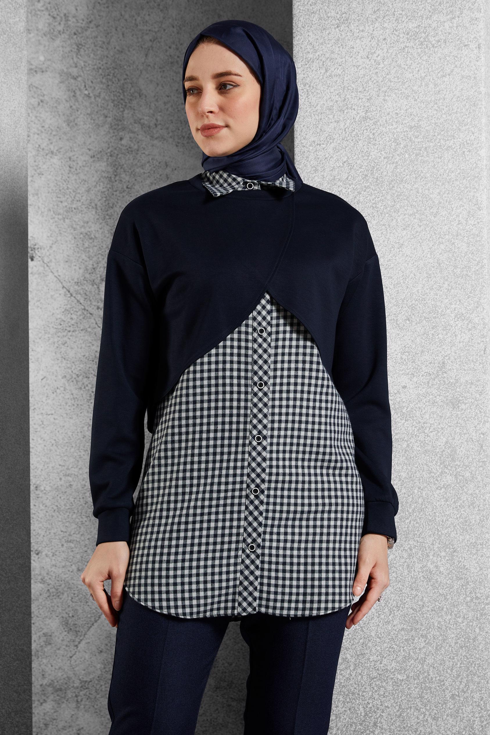 Tesettür giyim LACİVERT İKİLİ GÖMLEK YAKA TUNİK 45247