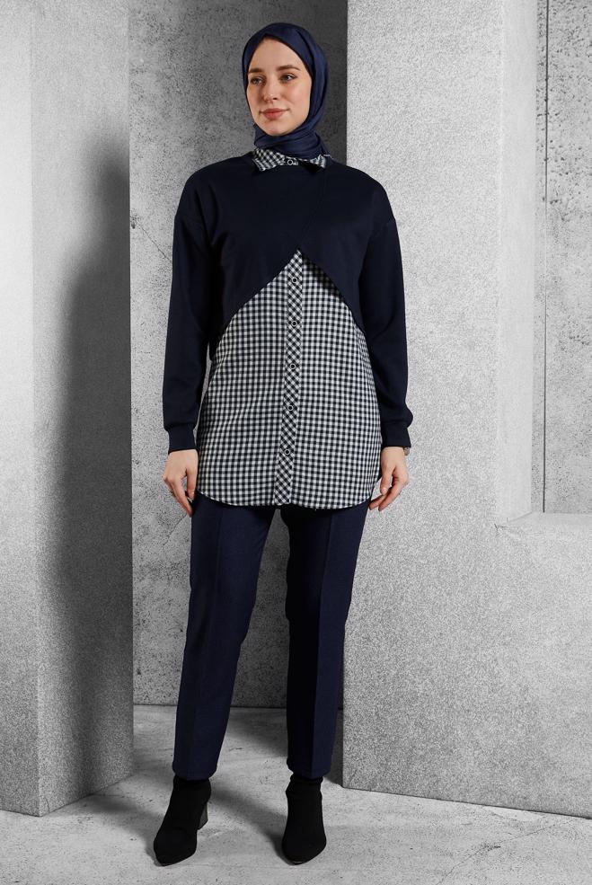 Tesettür giyim LACİVERT İKİLİ GÖMLEK YAKA TUNİK 45247 - ALVİNA