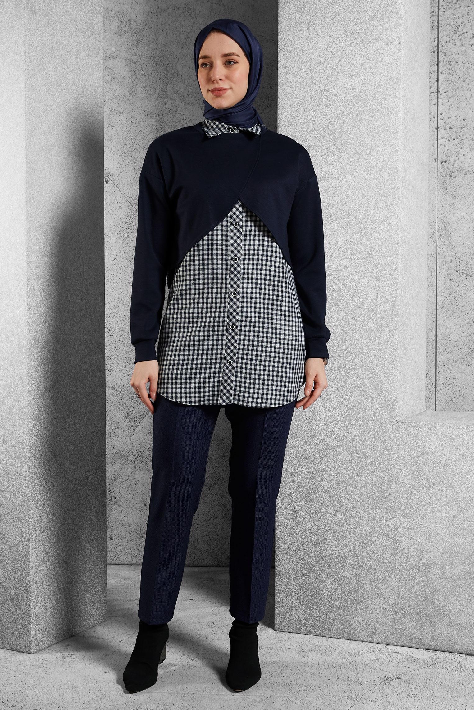 Tesettür giyim LACİVERT İKİLİ GÖMLEK YAKA TUNİK 45247
