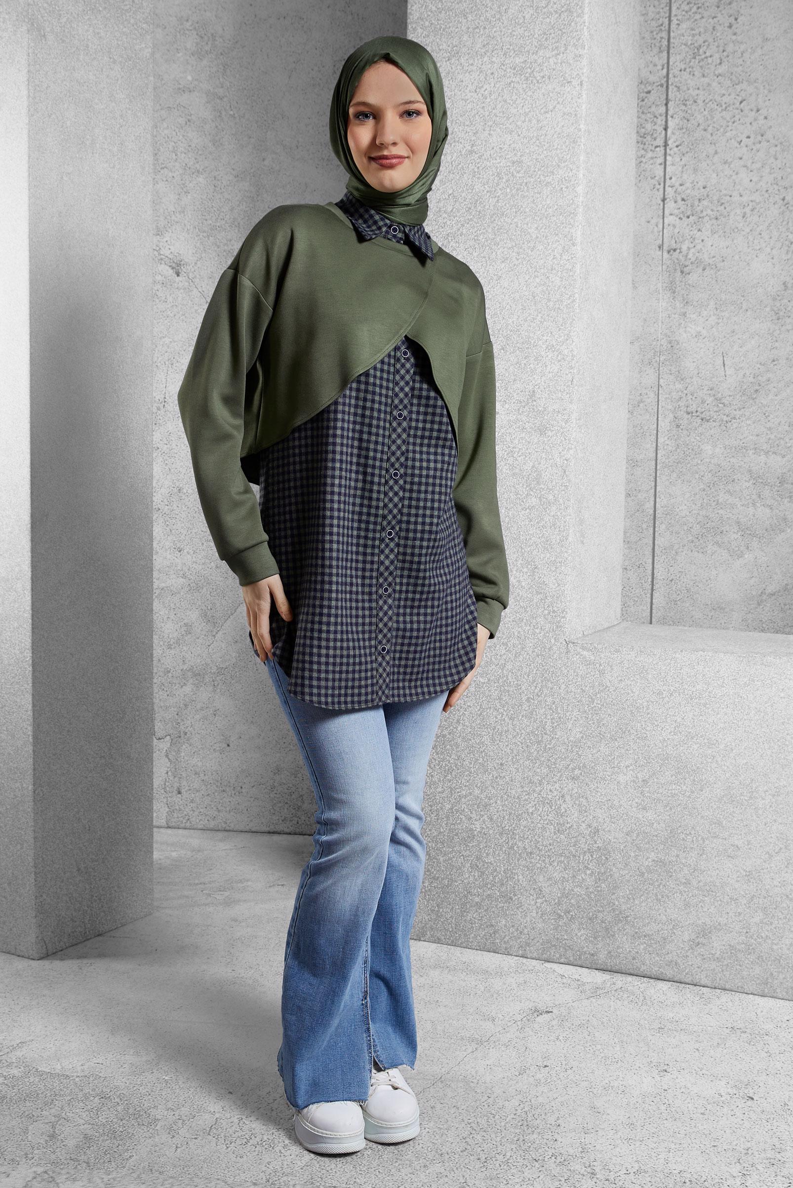 Tesettür giyim LACİVERT İKİLİ GÖMLEK YAKA TUNİK 45247
