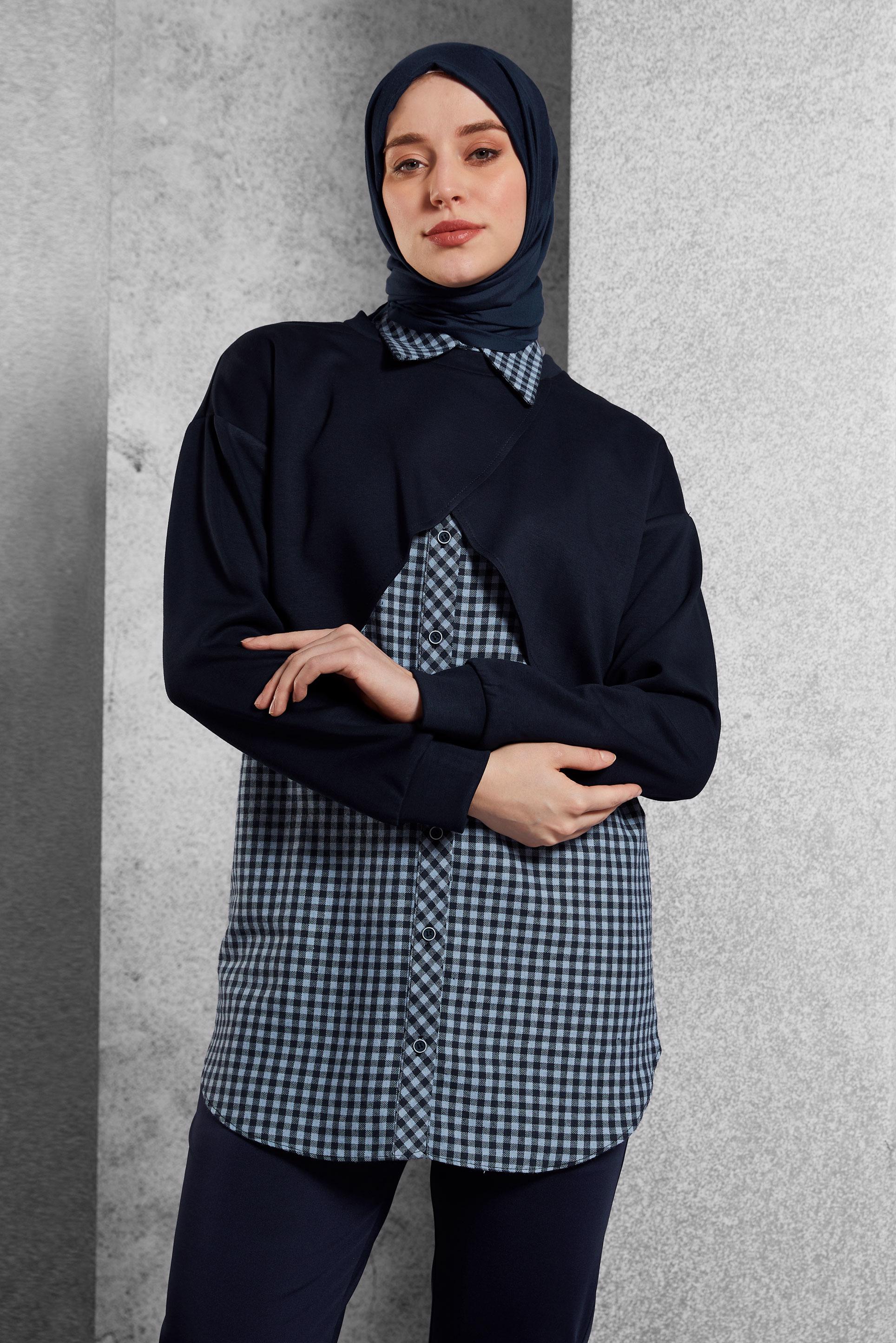 Tesettür giyim LACİVERT İKİLİ GÖMLEK YAKA TUNİK 45247