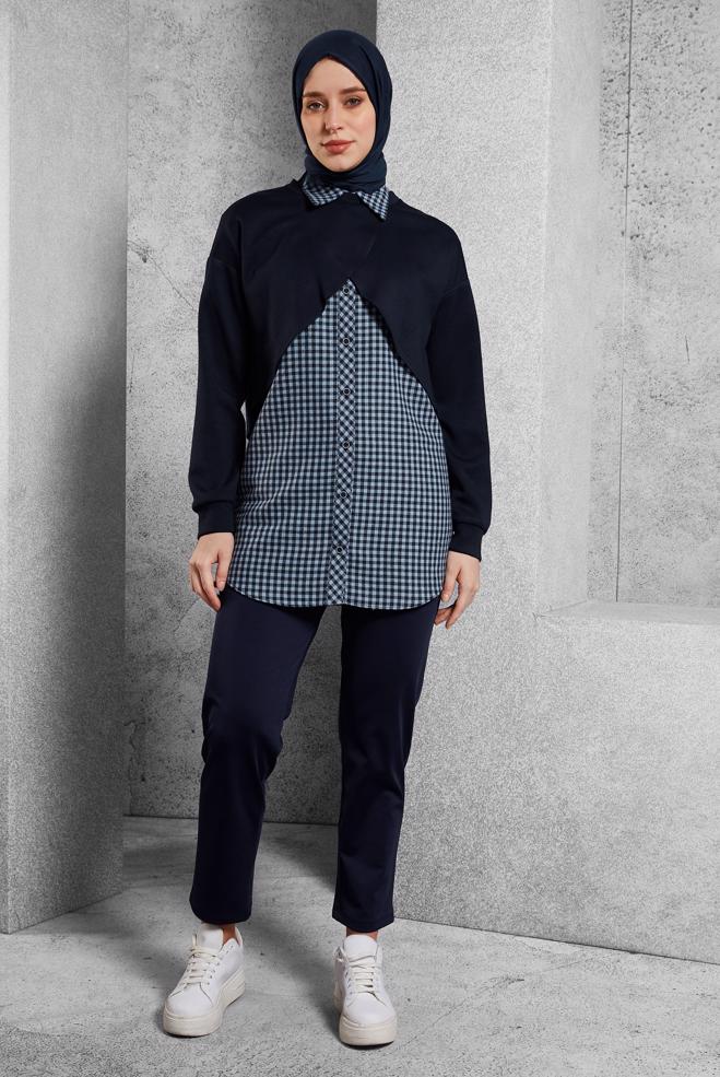 Tesettür giyim LACİVERT İKİLİ GÖMLEK YAKA TUNİK 45247 - ALVİNA