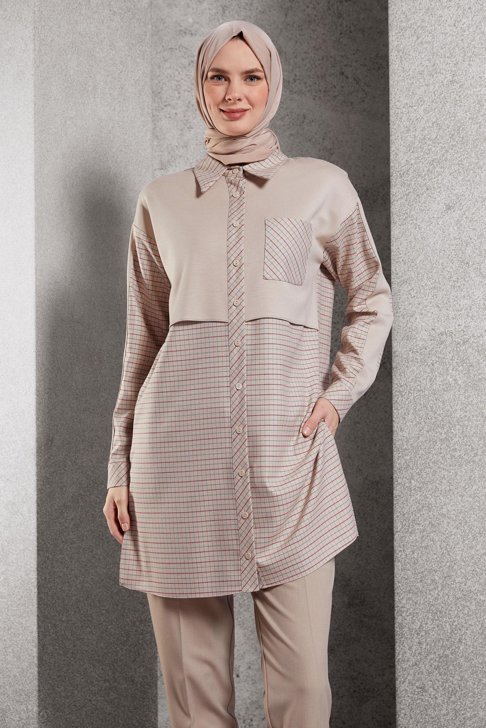 Tesettür giyim BEJ EKOSE DESENLİ TUNİK 45248