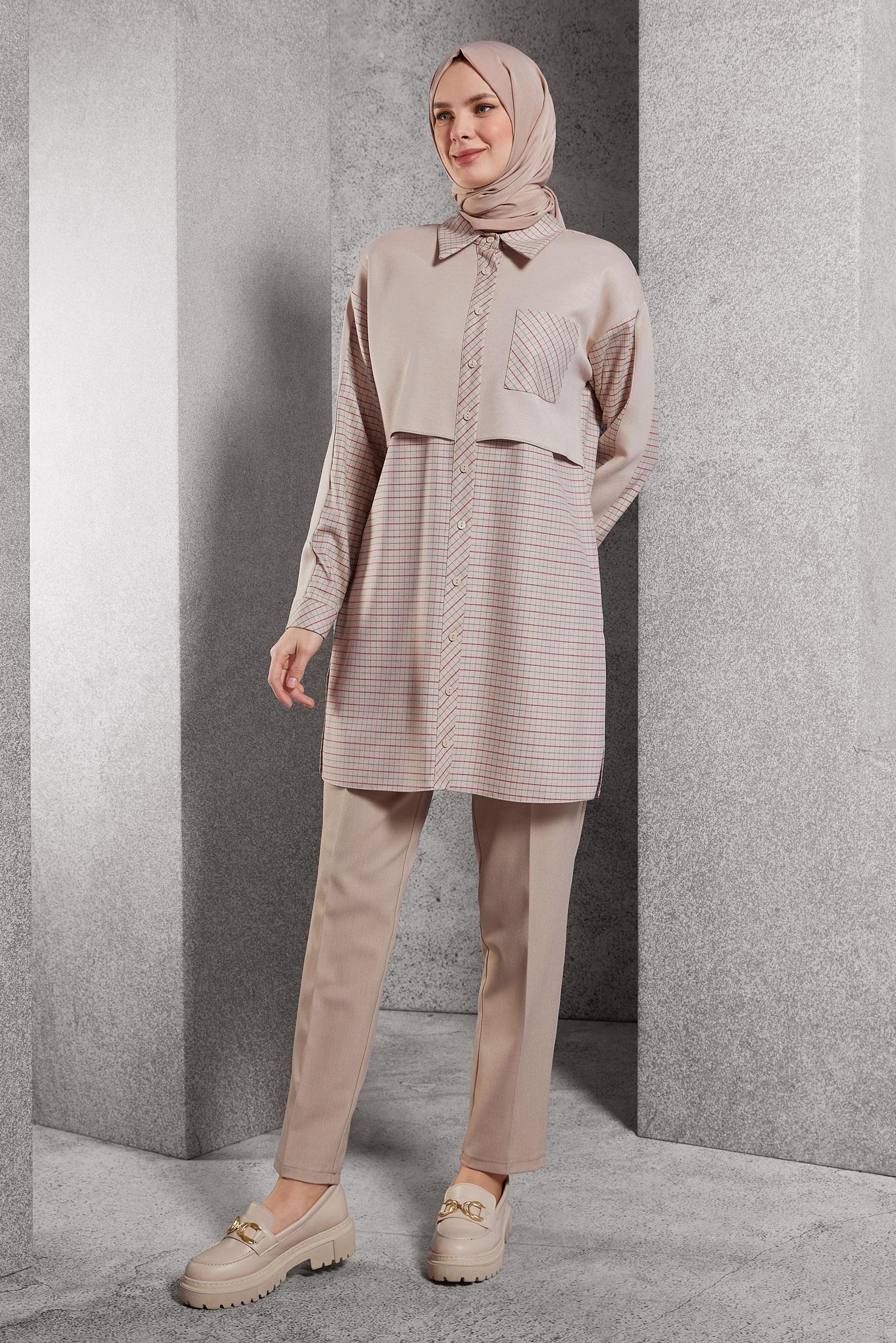 Tesettür giyim BEJ EKOSE DESENLİ TUNİK 45248