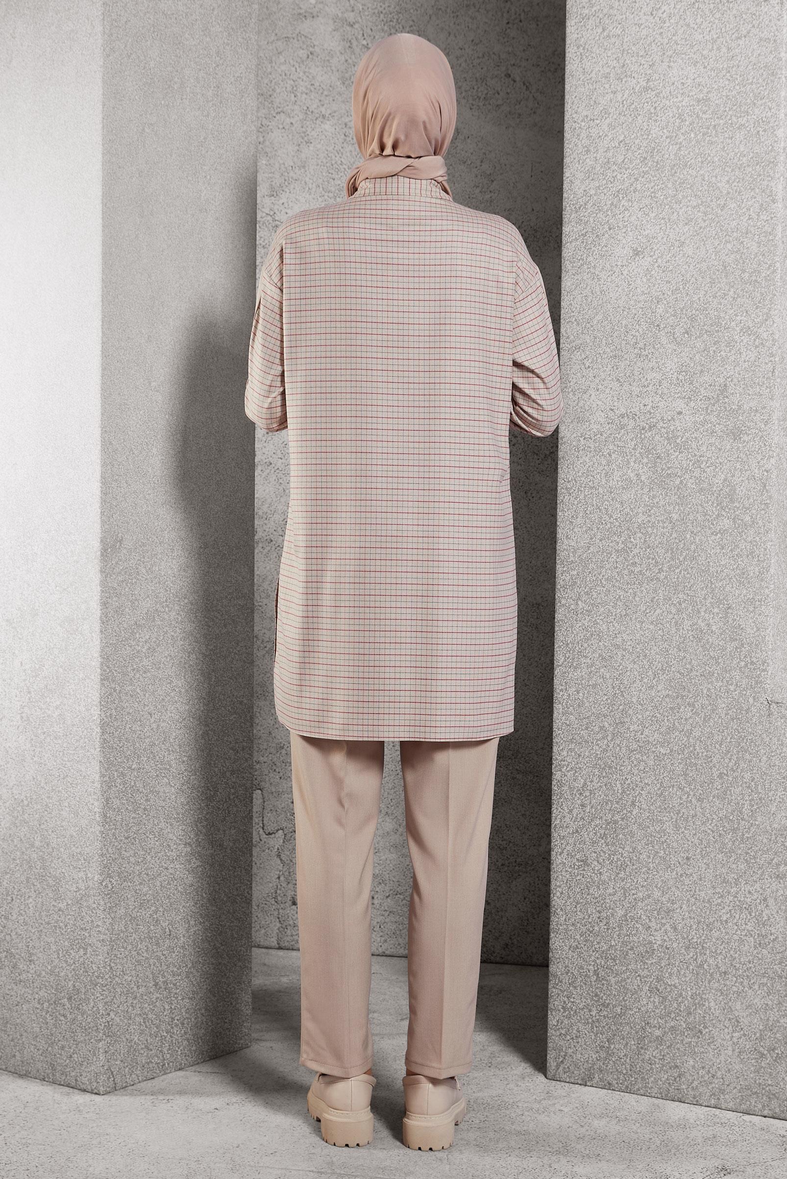 Tesettür giyim BEJ EKOSE DESENLİ TUNİK 45248