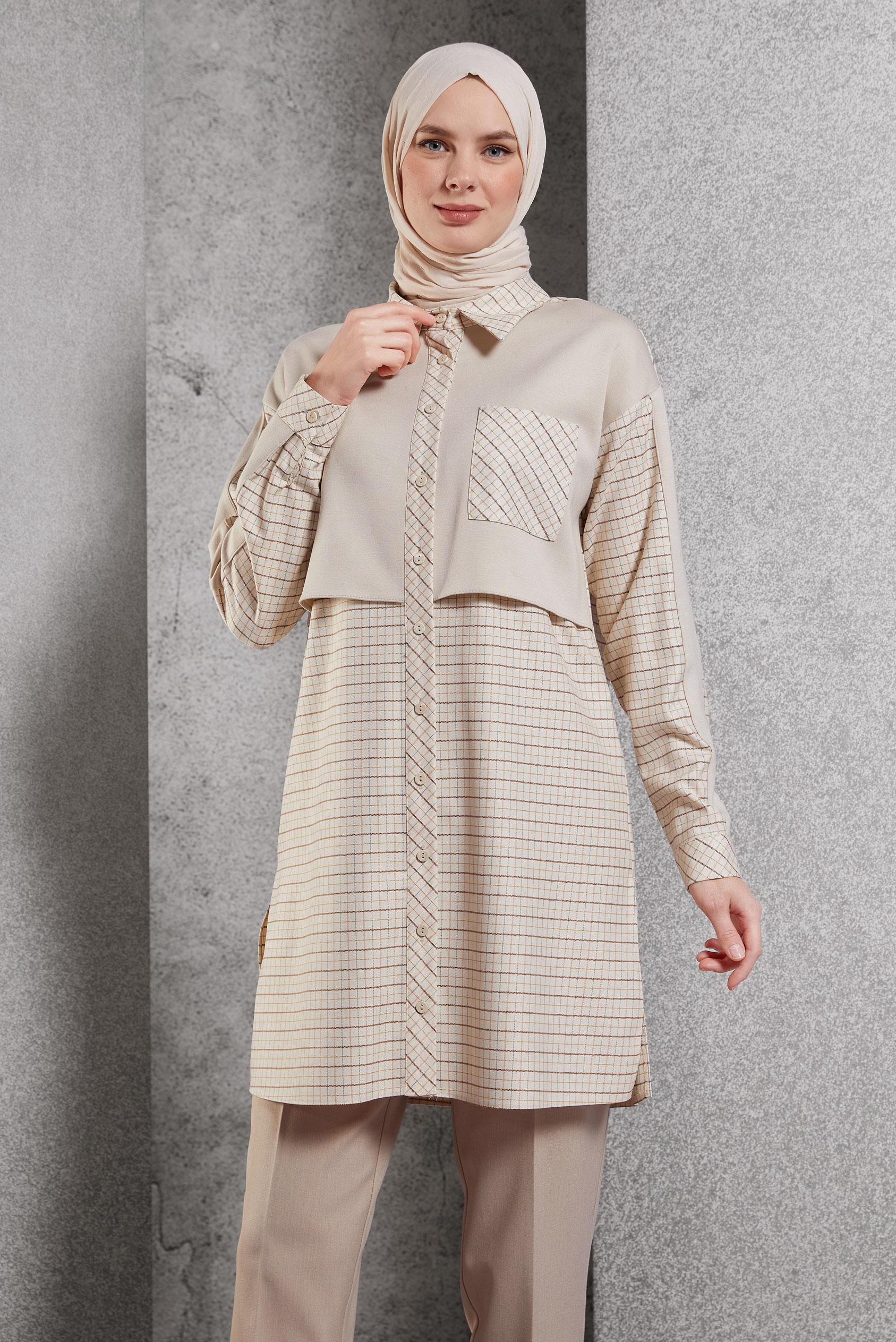 Tesettür giyim BEJ EKOSE DESENLİ TUNİK 45248