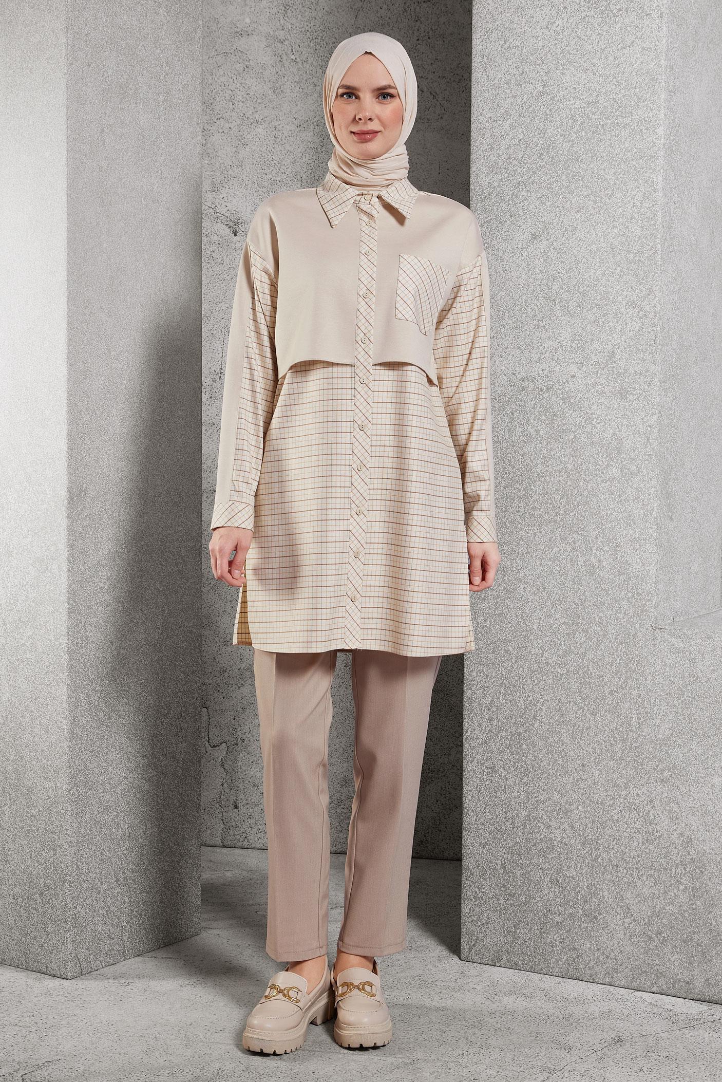Tesettür giyim BEJ EKOSE DESENLİ TUNİK 45248