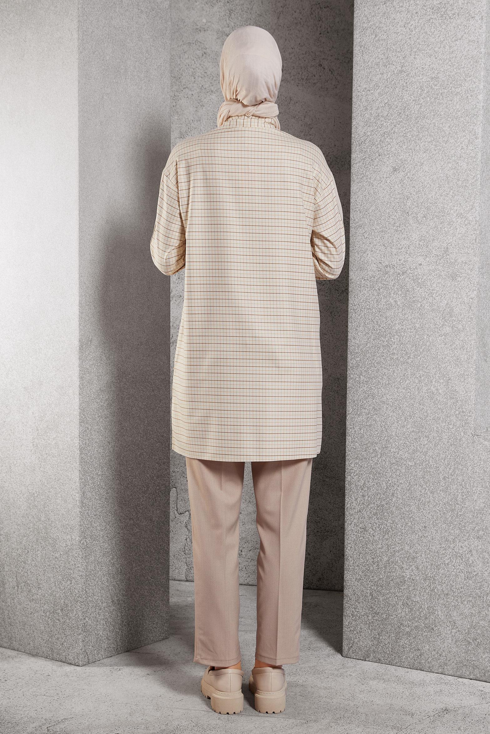 Tesettür giyim BEJ EKOSE DESENLİ TUNİK 45248