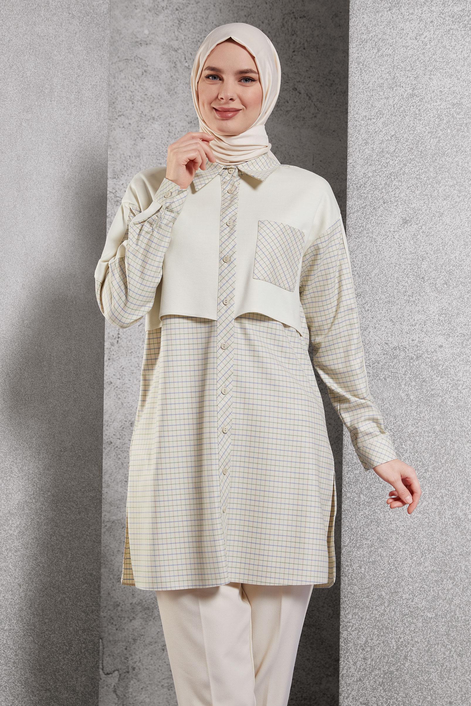 Tesettür giyim BEJ EKOSE DESENLİ TUNİK 45248