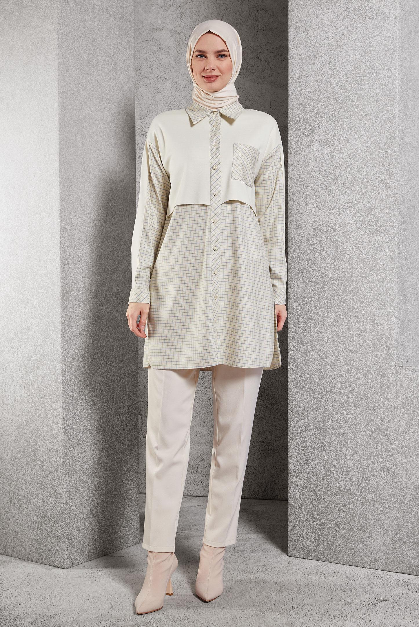 Tesettür giyim BEJ EKOSE DESENLİ TUNİK 45248