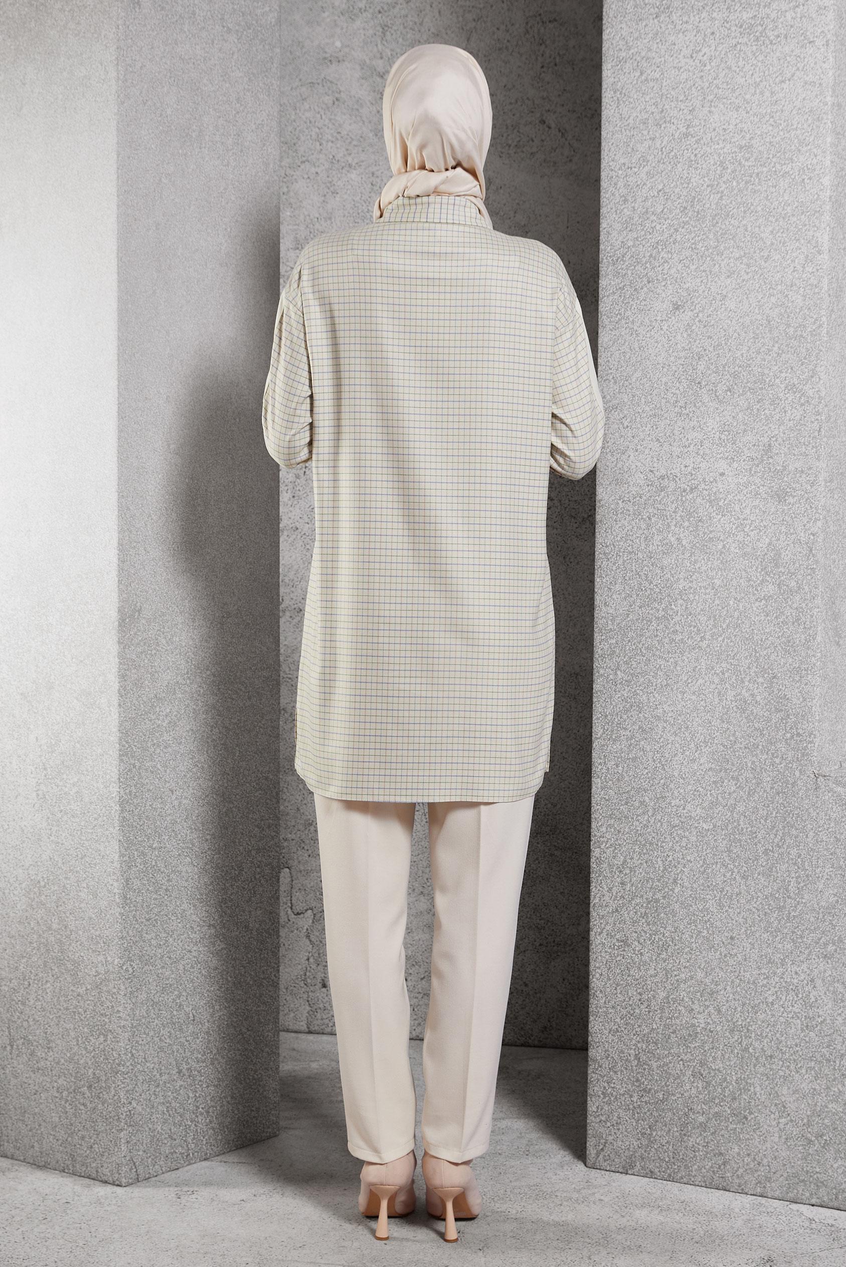 Tesettür giyim BEJ EKOSE DESENLİ TUNİK 45248