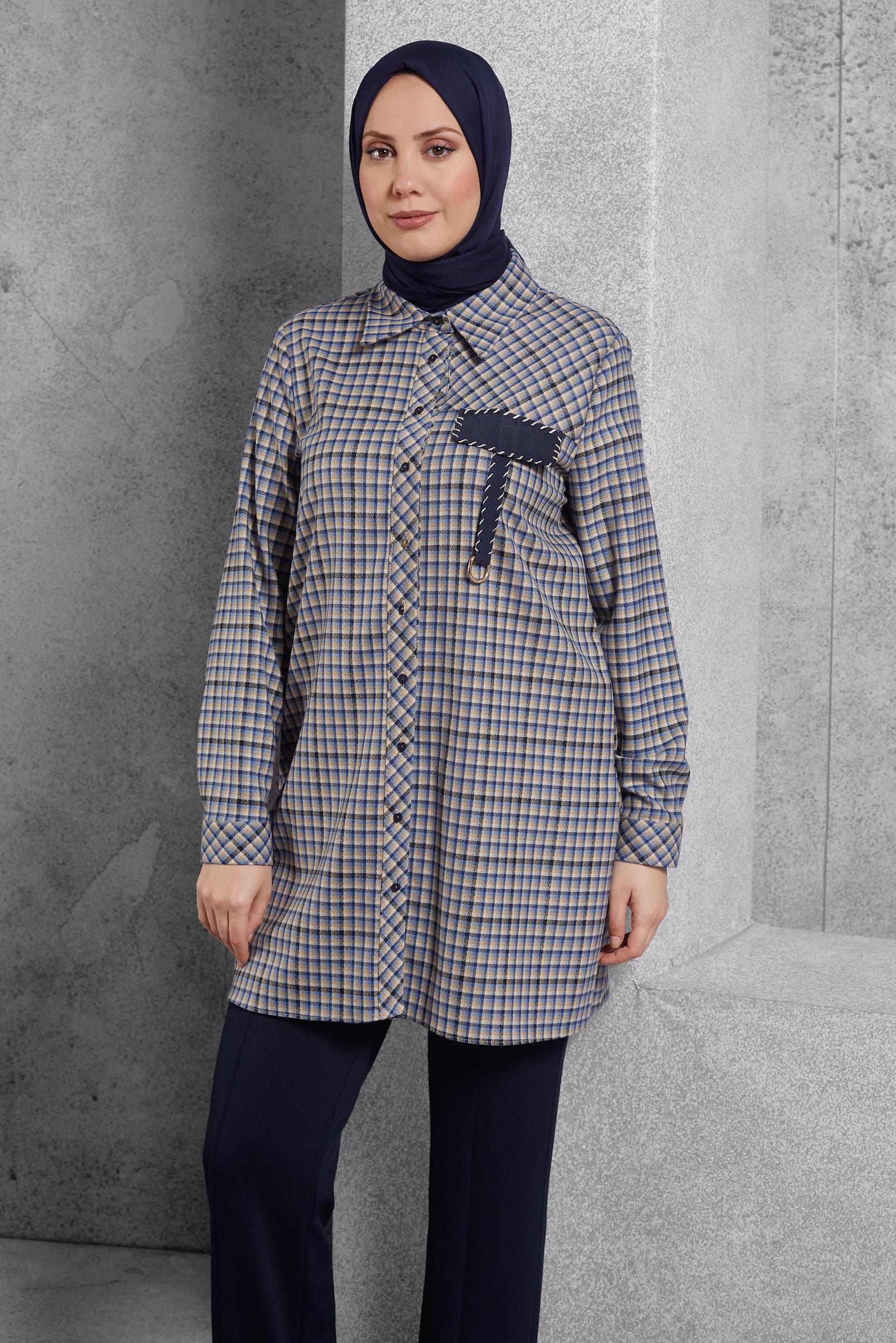 Tesettür giyim MAVİ GÖMLEK YAKA DESENLİ TUNİK 45250