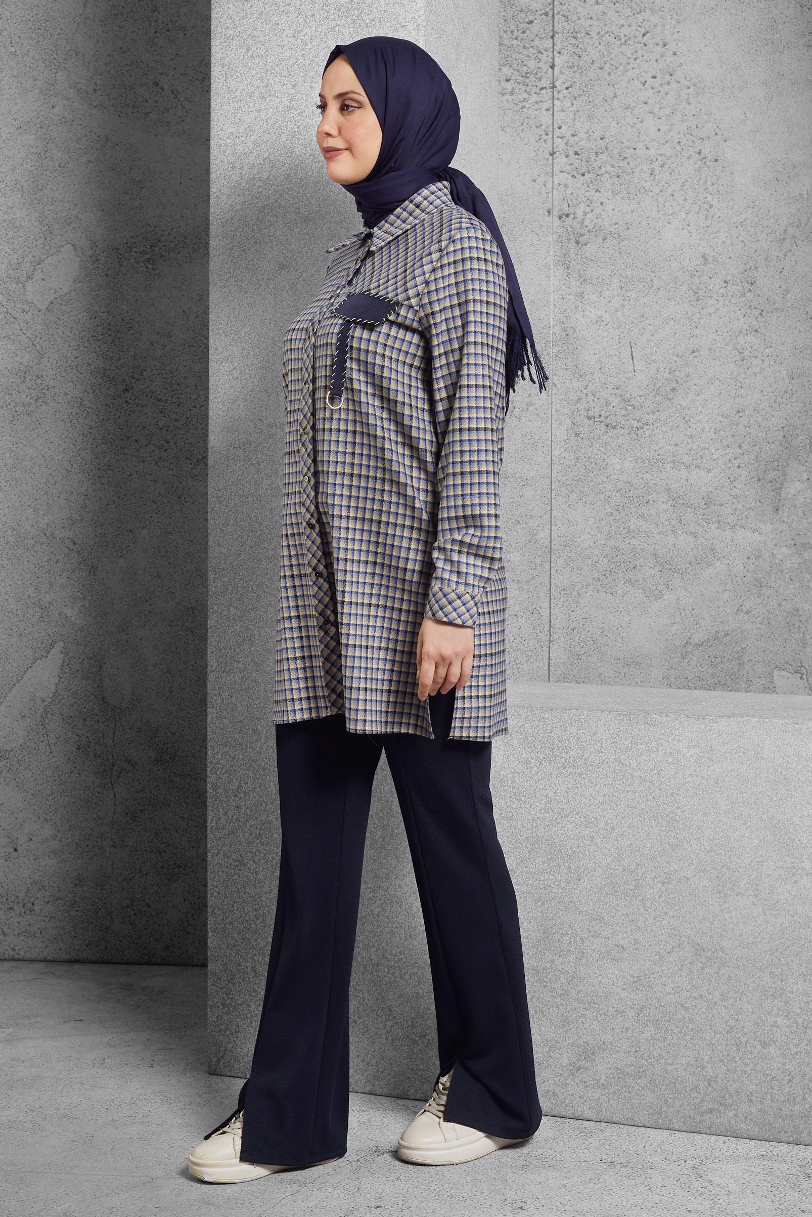 Tesettür giyim MAVİ GÖMLEK YAKA DESENLİ TUNİK 45250