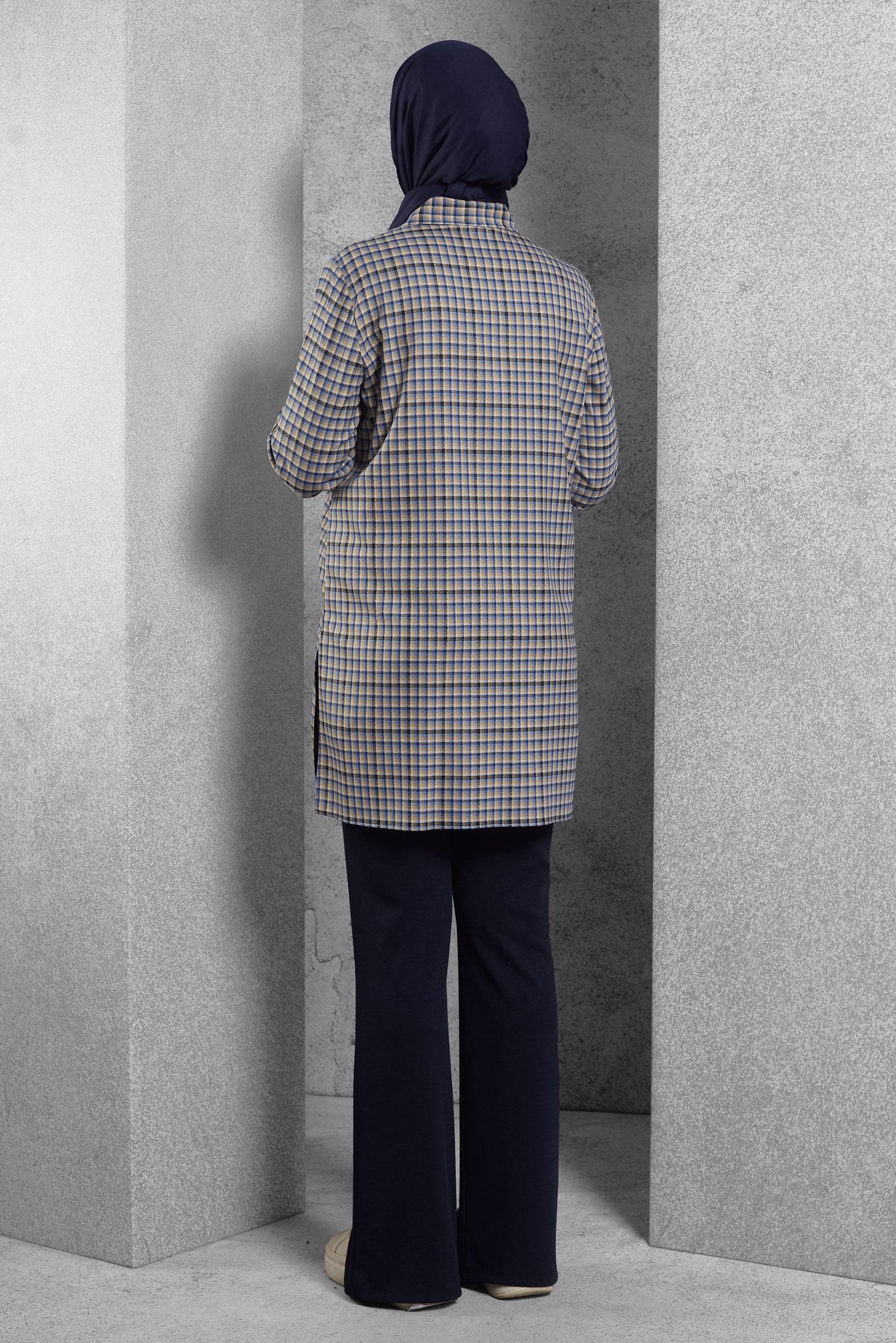 Tesettür giyim MAVİ GÖMLEK YAKA DESENLİ TUNİK 45250