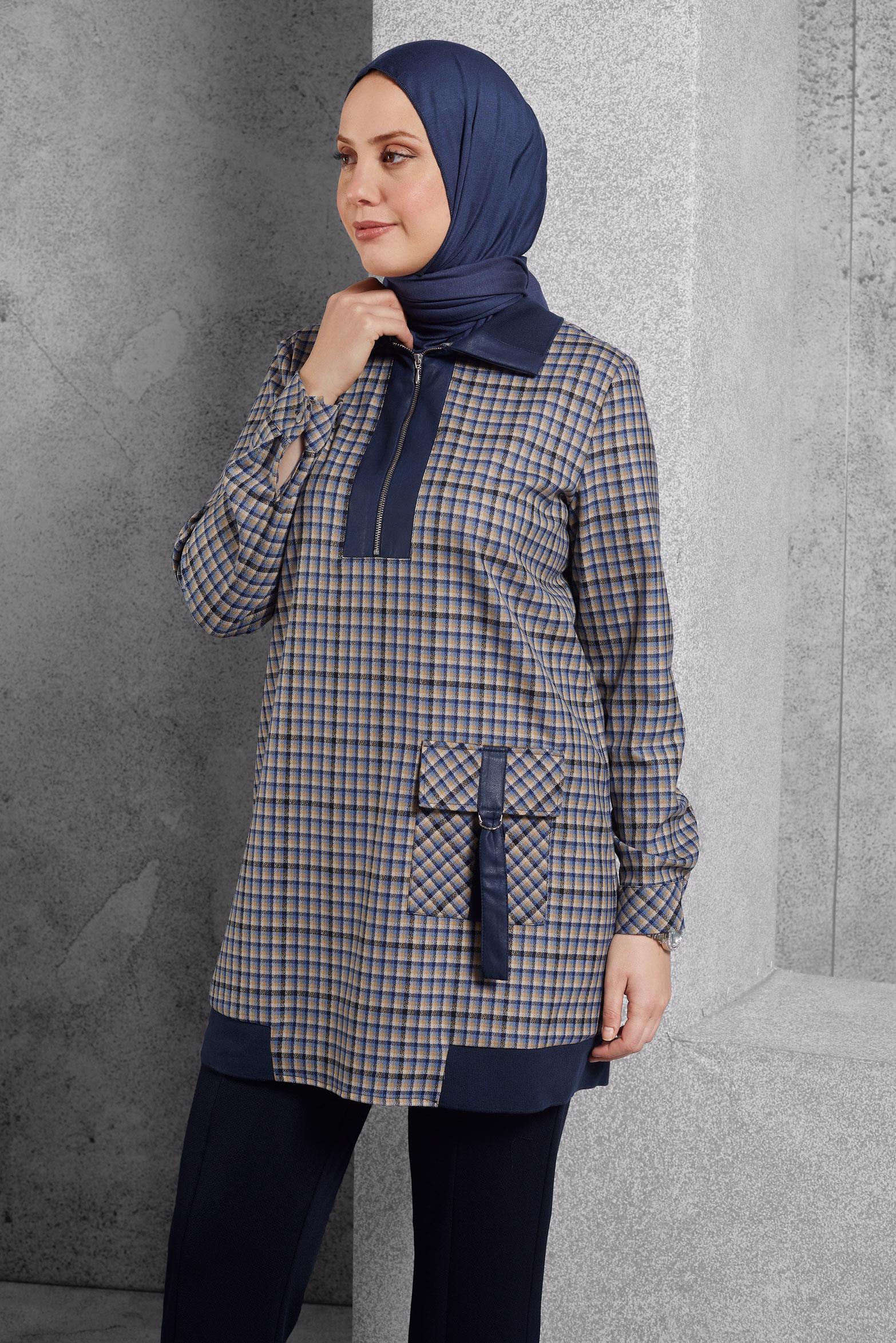 Tesettür giyim MAVİ EKOSE TUNİK 45283