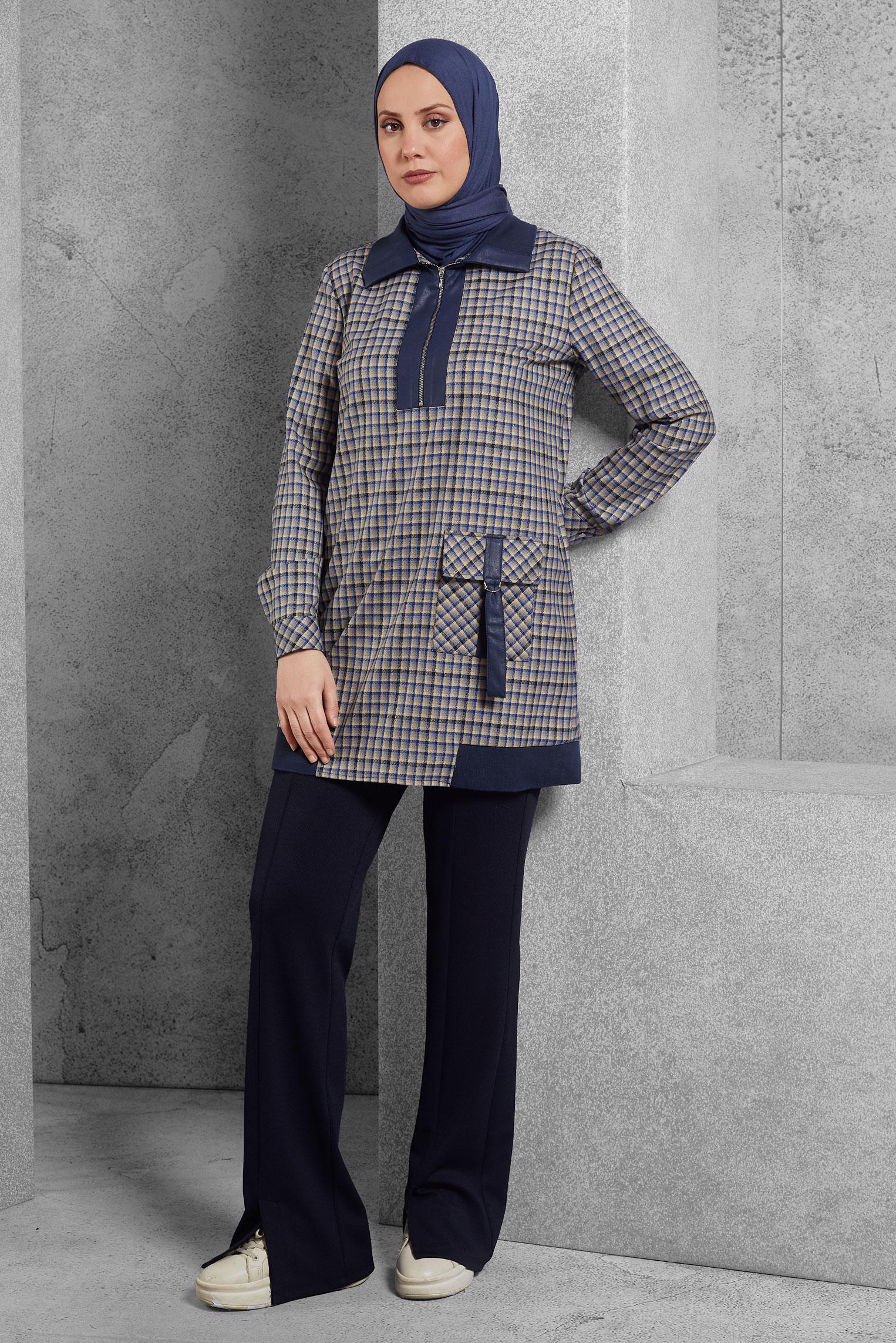 Tesettür giyim MAVİ EKOSE TUNİK 45283