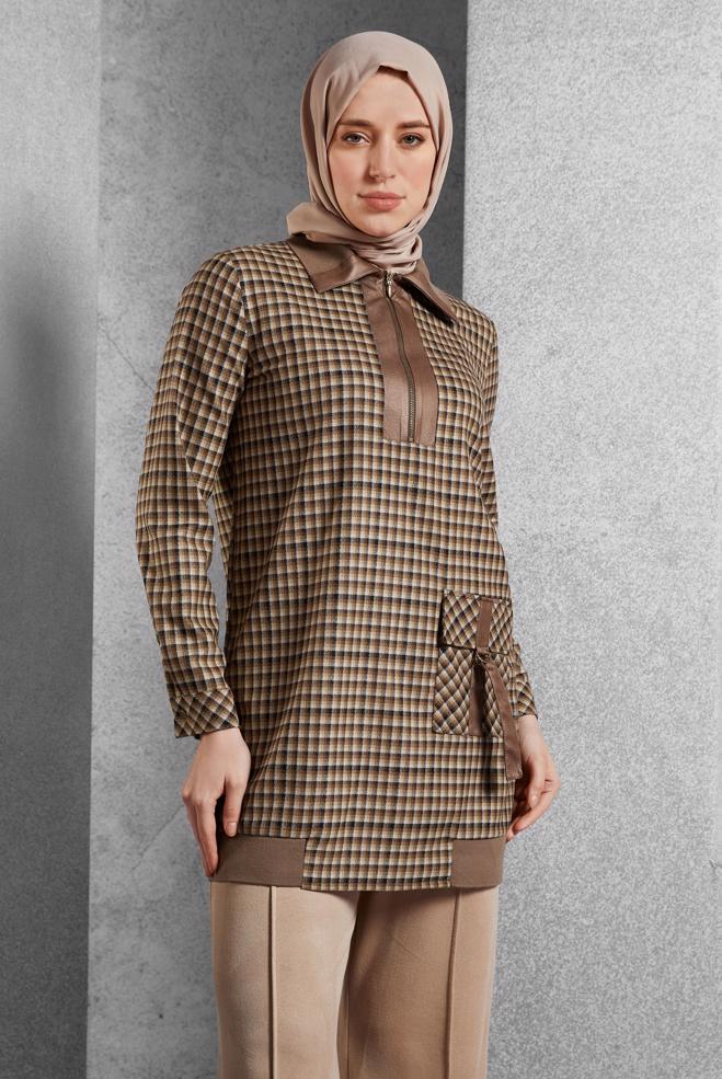 Vêtements hijab  TUNIQUE À MOTIF CARREAUX 45283 - ALVİNA