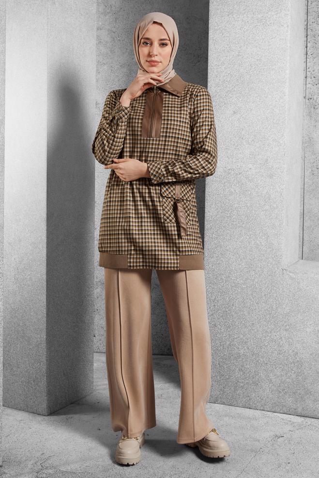 Vêtements hijab BRUN TUNIQUE À MOTIF CARREAUX 45283 - ALVİNA