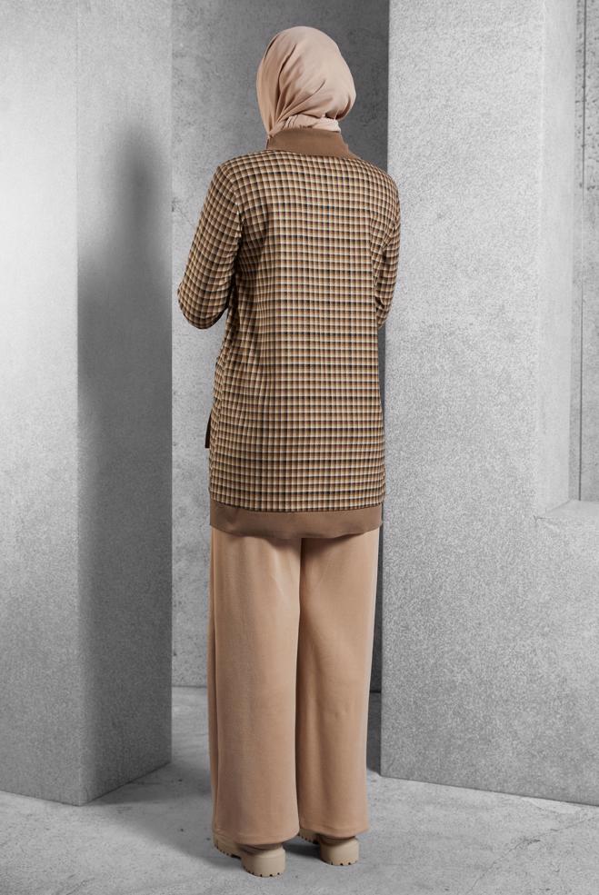 Vêtements hijab BRUN TUNIQUE À MOTIF CARREAUX 45283 - ALVİNA