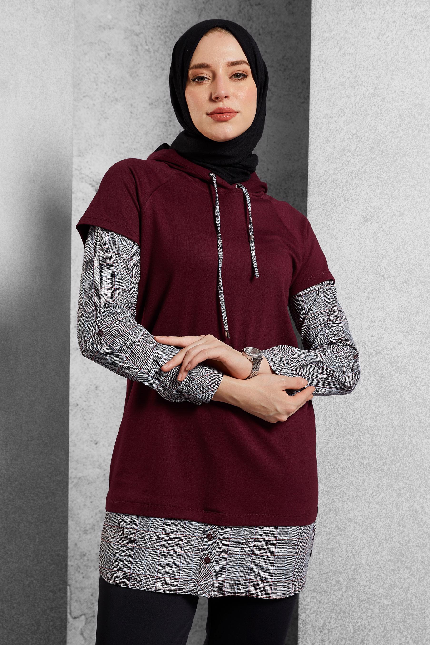Tesettür giyim BORDO KAPÜŞONLU TUNİK 45284 
