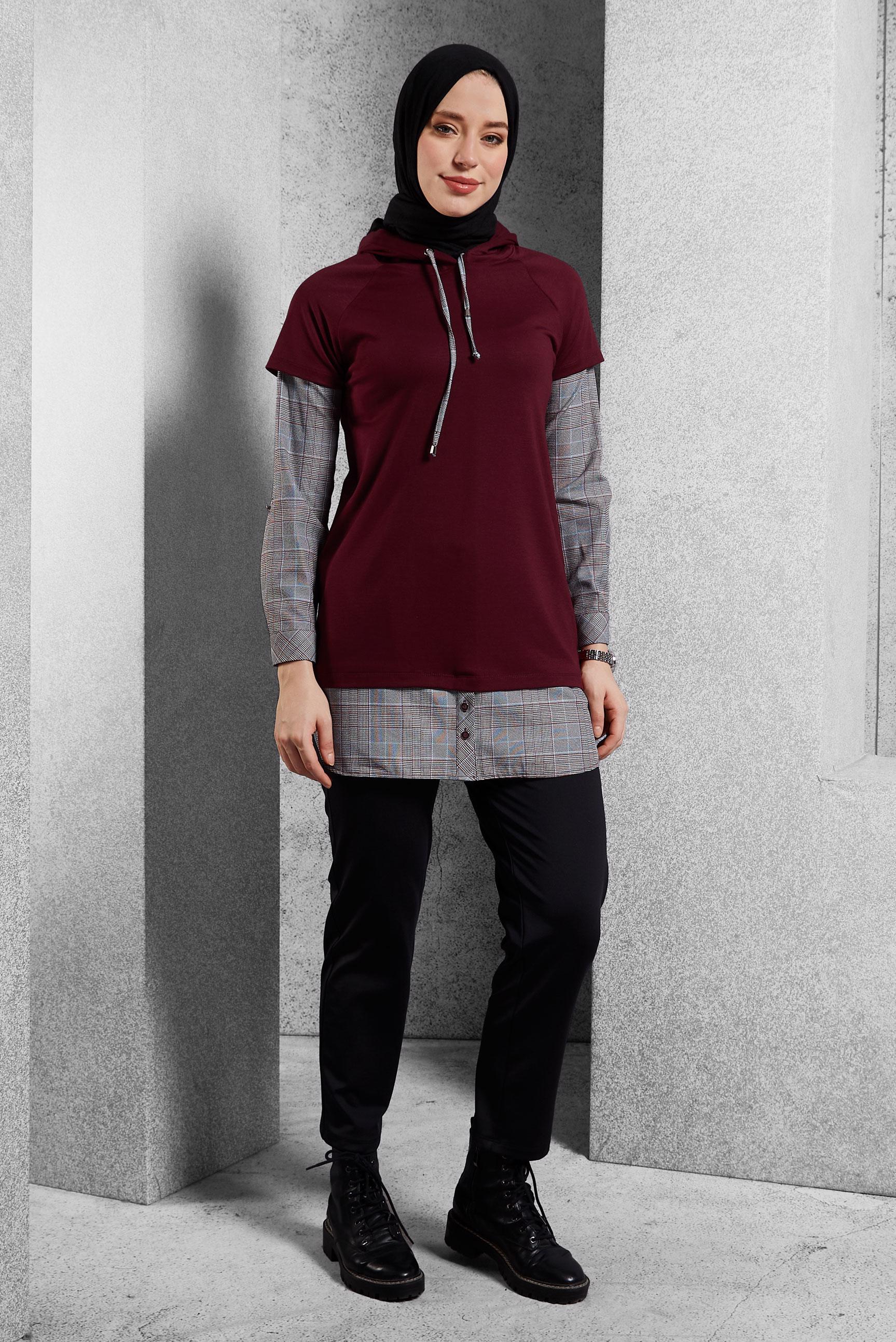Tesettür giyim BORDO KAPÜŞONLU TUNİK 45284 