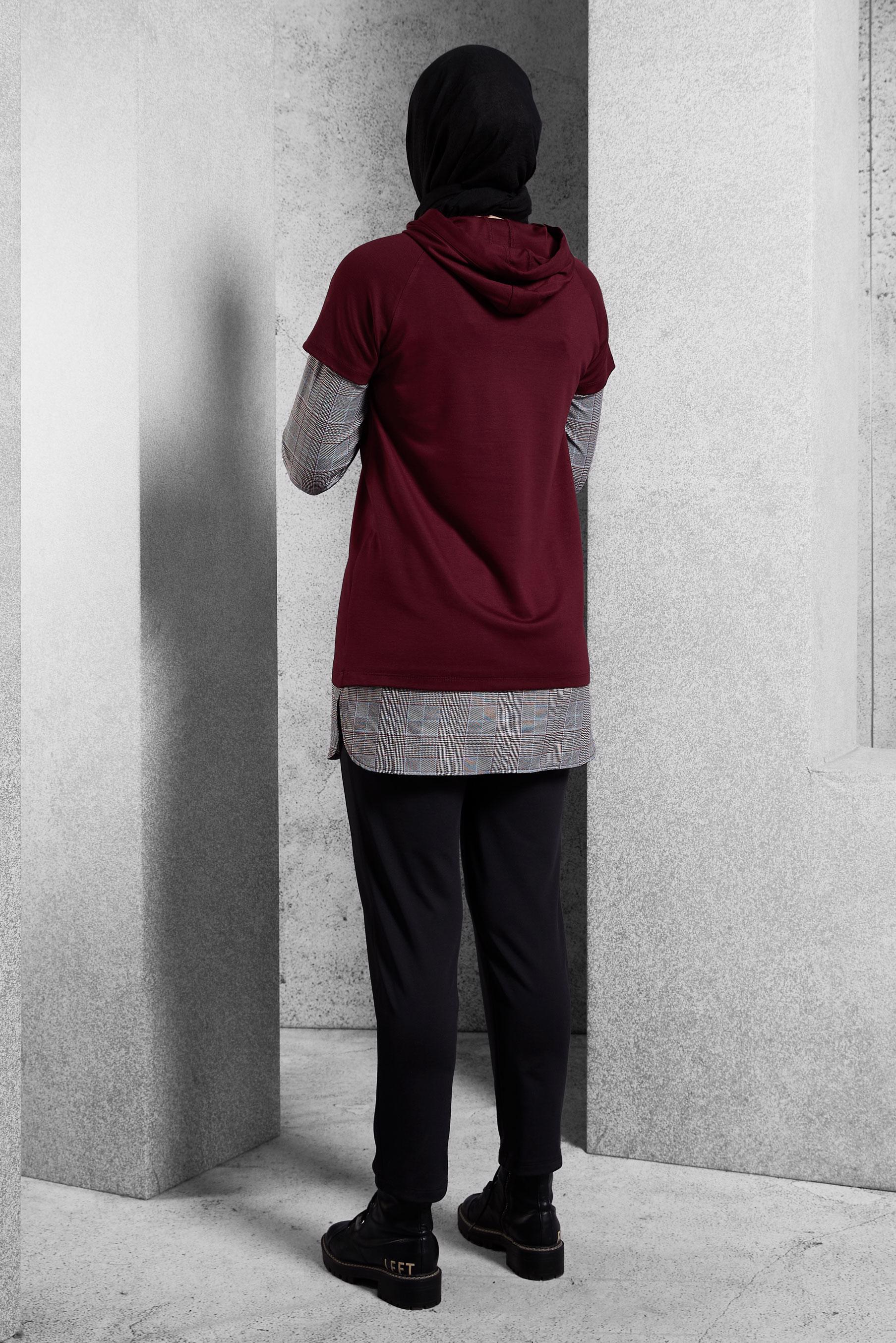 Tesettür giyim BORDO KAPÜŞONLU TUNİK 45284 