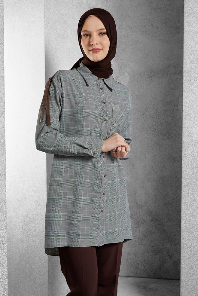 Vêtements hijab VERT TUNIQUE À MOTIF CARREAUX 45291 - ALVİNA