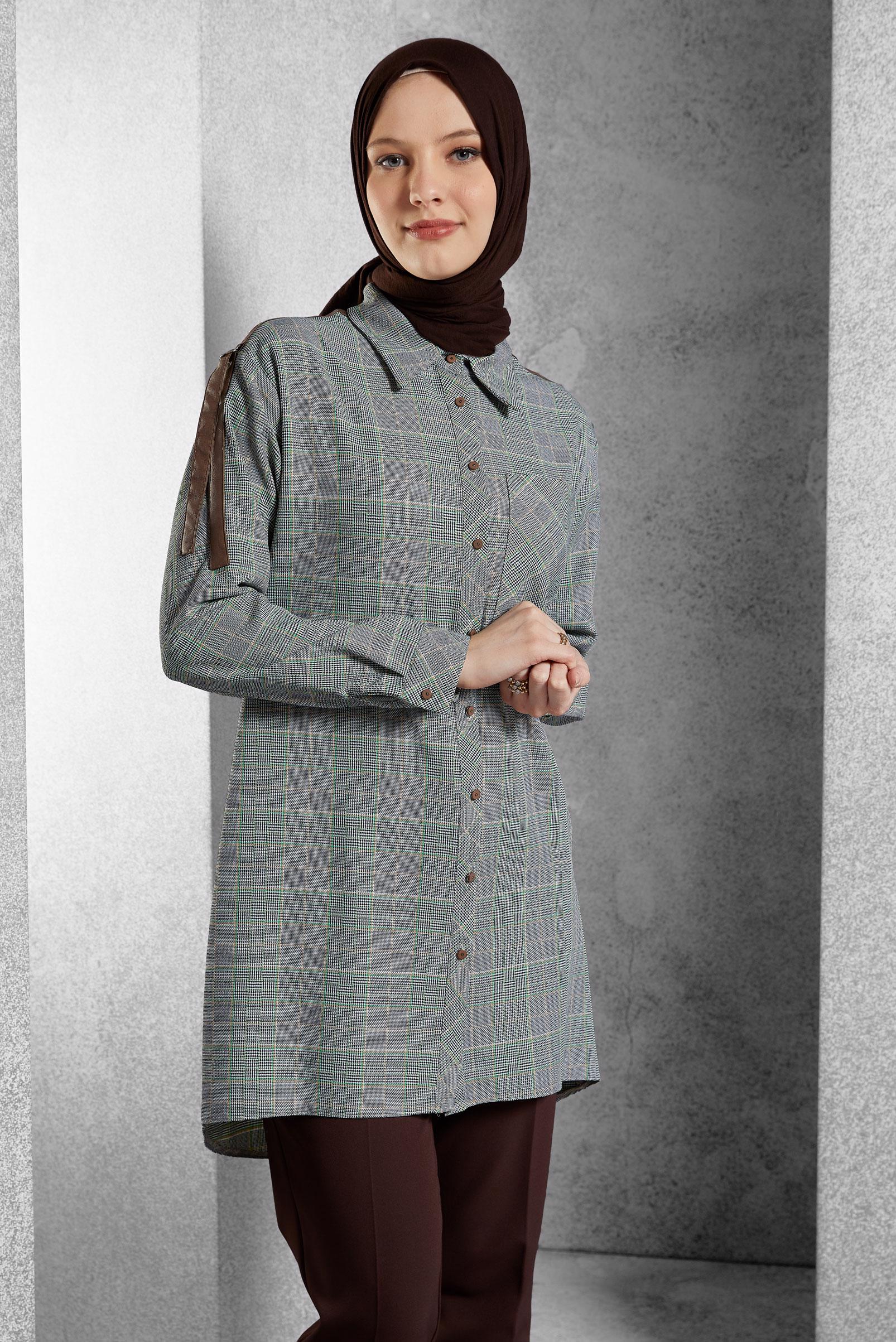 Vêtements hijab VERT TUNIQUE À MOTIF CARREAUX 45291