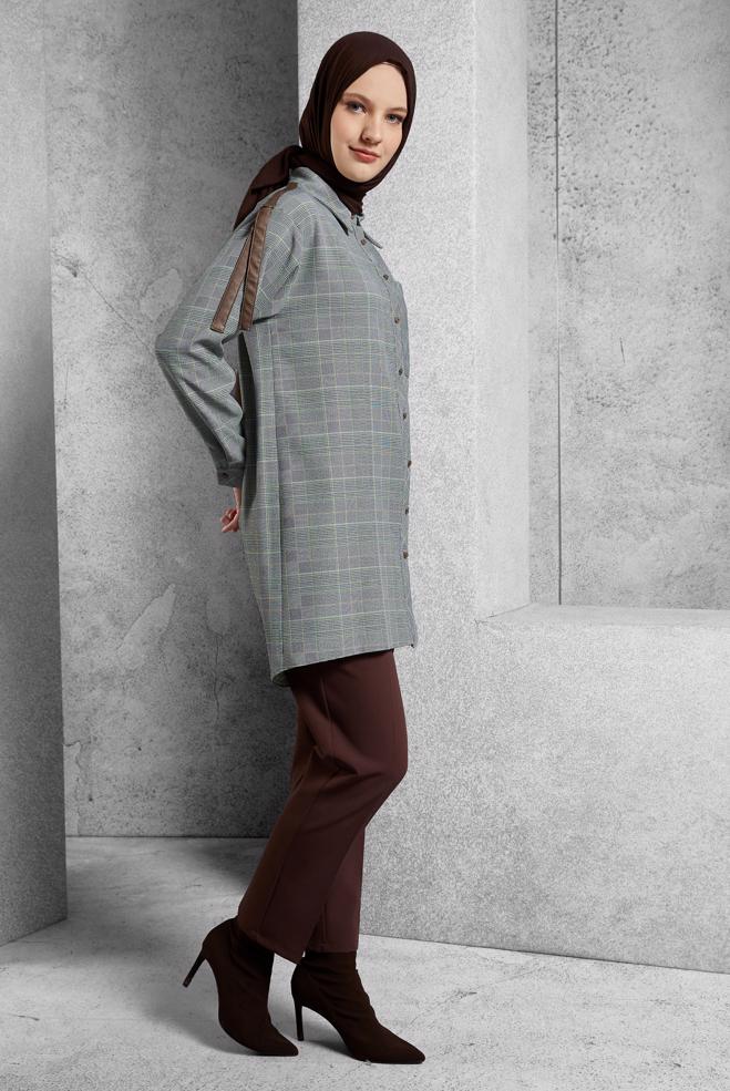 Vêtements hijab VERT TUNIQUE À MOTIF CARREAUX 45291 - ALVİNA