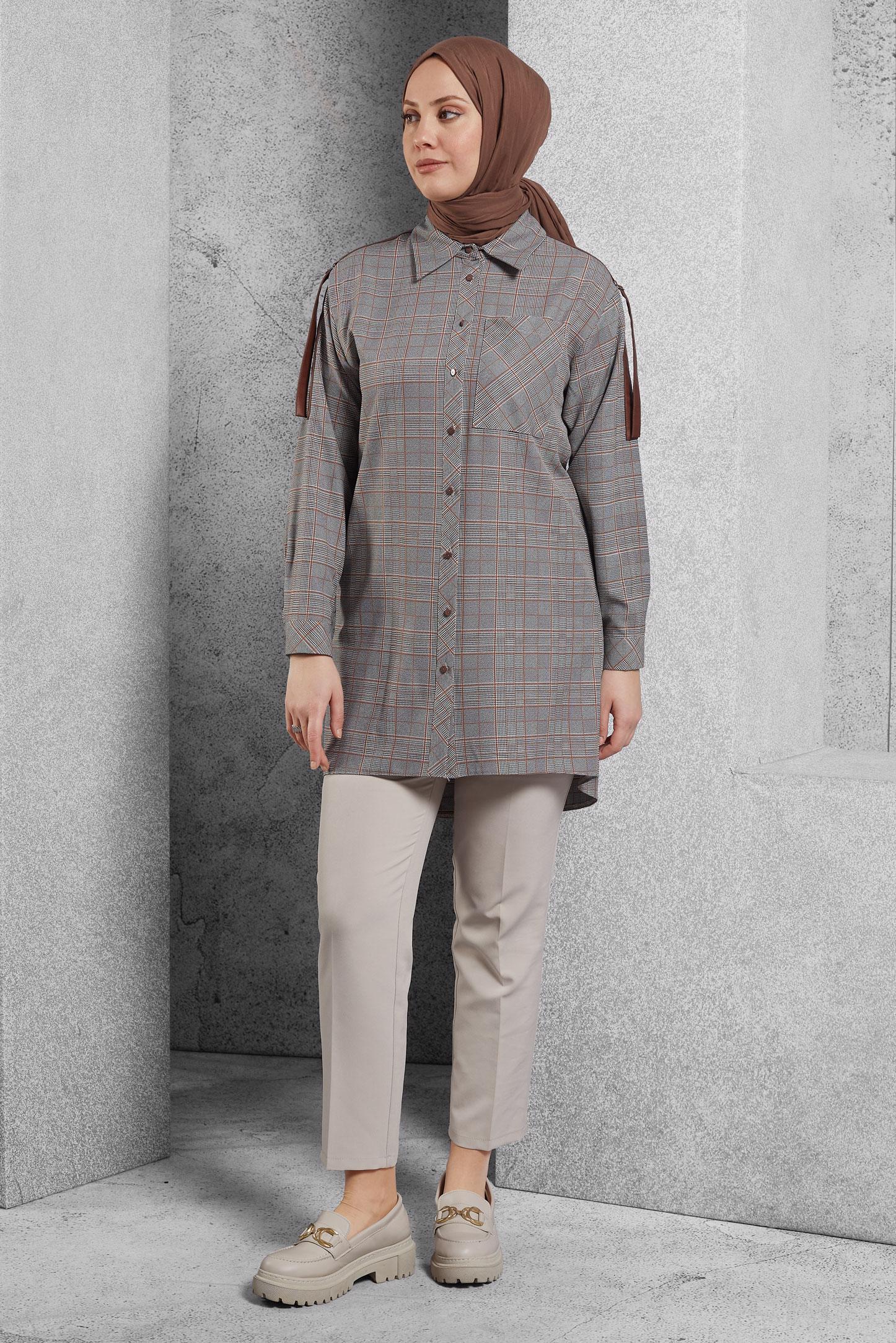 Tesettür giyim TURUNCU EKOSE TUNİK 45291