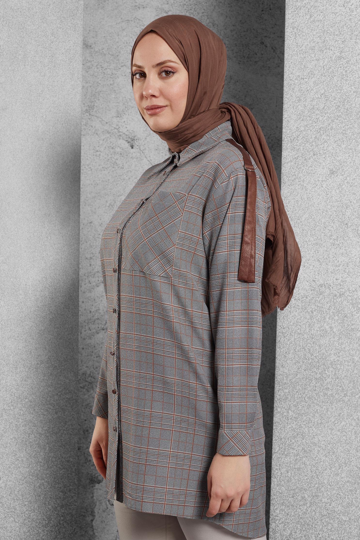 Tesettür giyim TURUNCU EKOSE TUNİK 45291