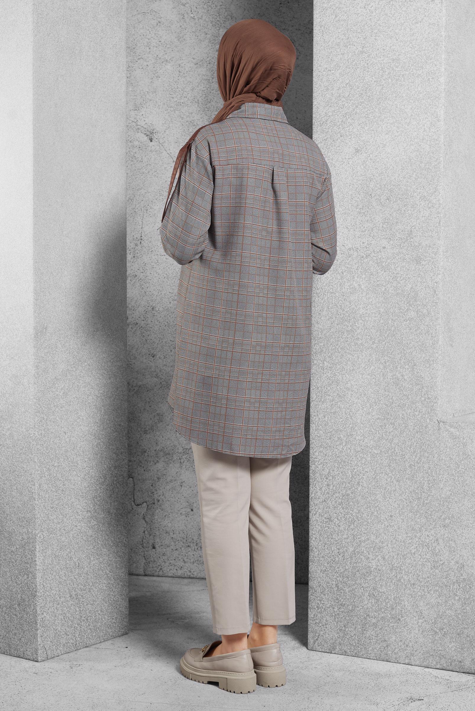 Tesettür giyim TURUNCU EKOSE TUNİK 45291