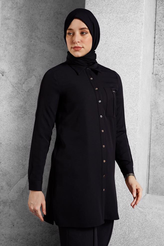 Tesettür giyim SİYAH GÖMLEK YAKA TUNİK 45295 - ALVİNA