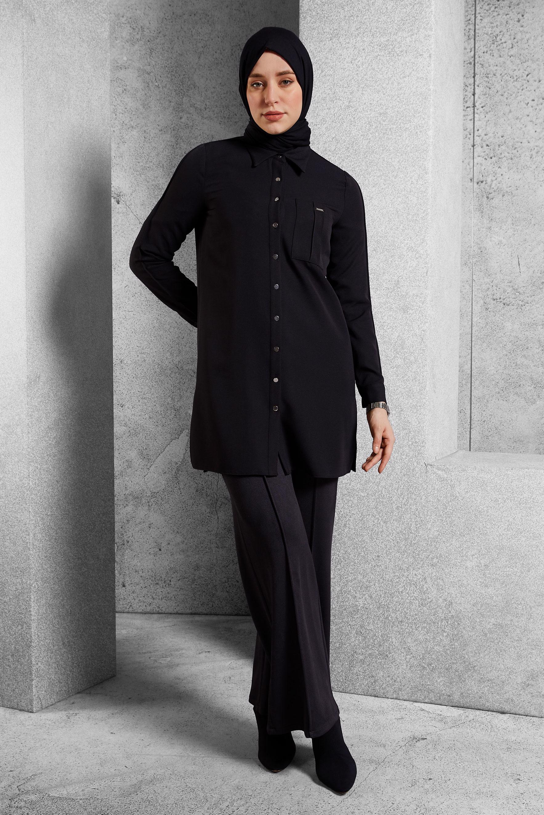 Tesettür giyim SİYAH GÖMLEK YAKA TUNİK 45295