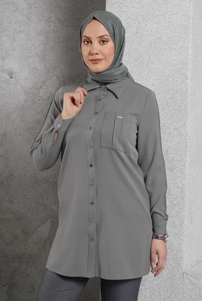 Vêtements hijab GRIS TUNIQUE COL CHEMISE 45295 - ALVİNA