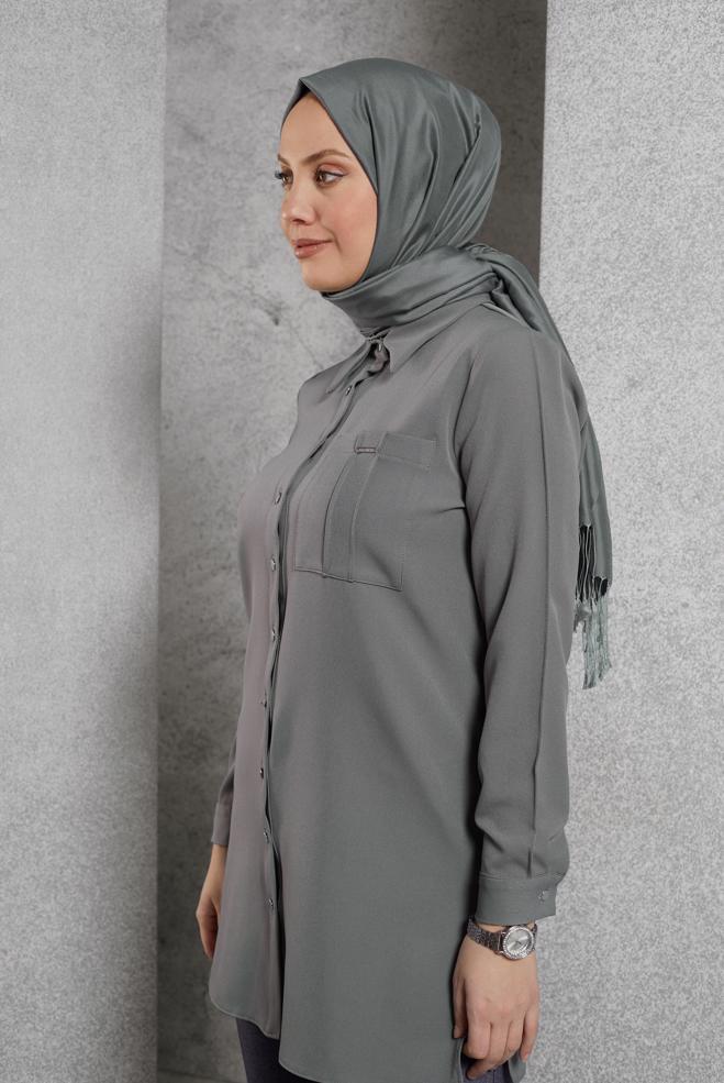 Vêtements hijab GRIS TUNIQUE COL CHEMISE 45295 - ALVİNA