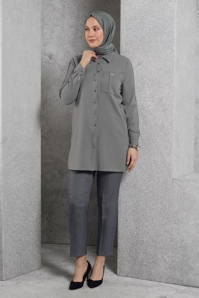 Vêtements hijab GRIS TUNIQUE COL CHEMISE 45295 - ALVİNA