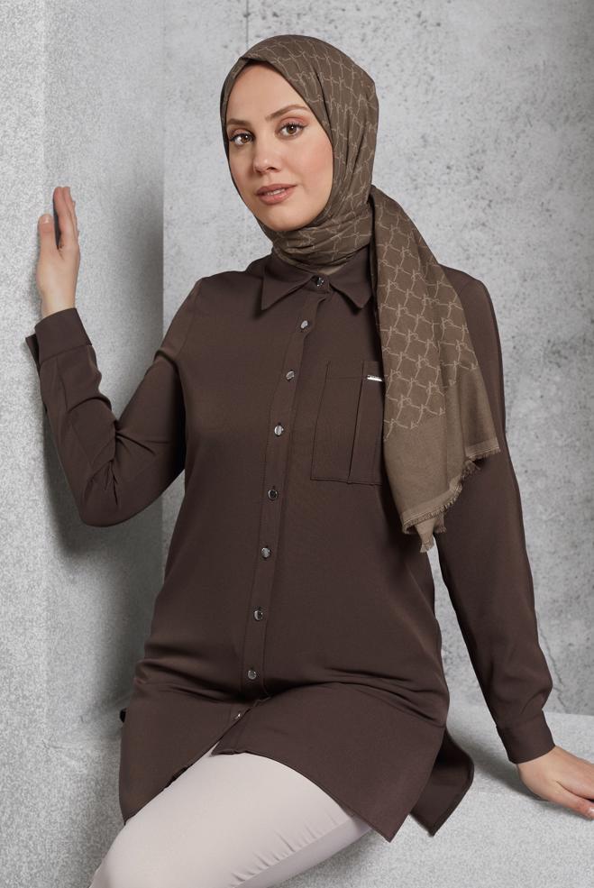 Tesettür giyim KAHVE GÖMLEK YAKA TUNİK 45295 - ALVİNA
