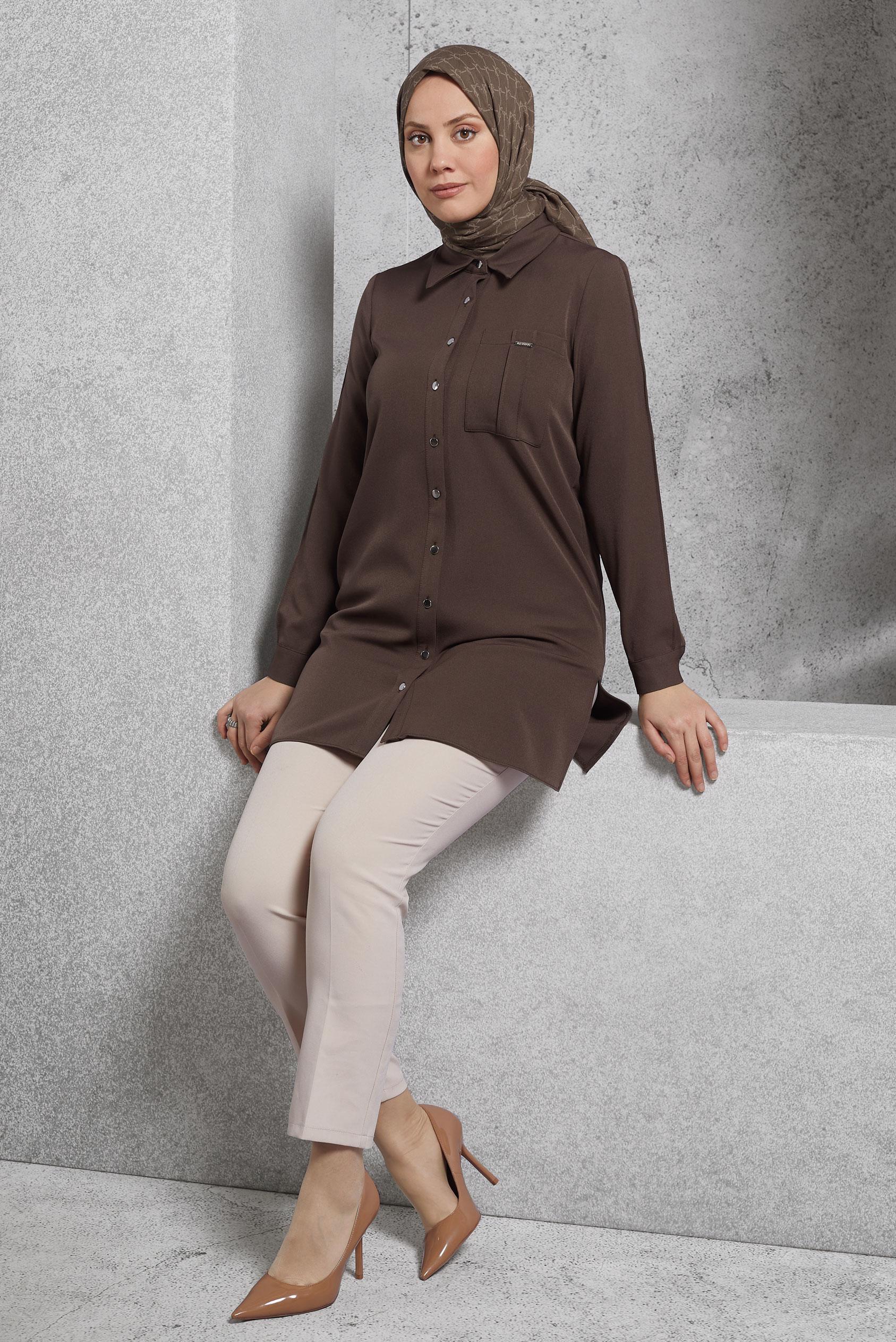 Tesettür giyim KAHVE GÖMLEK YAKA TUNİK 45295