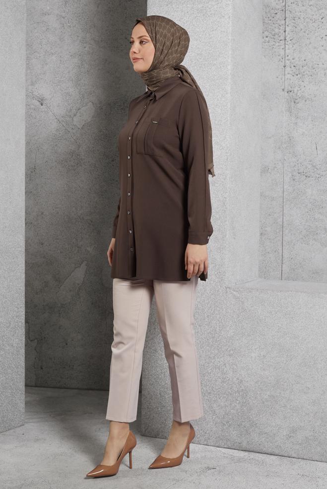 Tesettür giyim KAHVE GÖMLEK YAKA TUNİK 45295 - ALVİNA