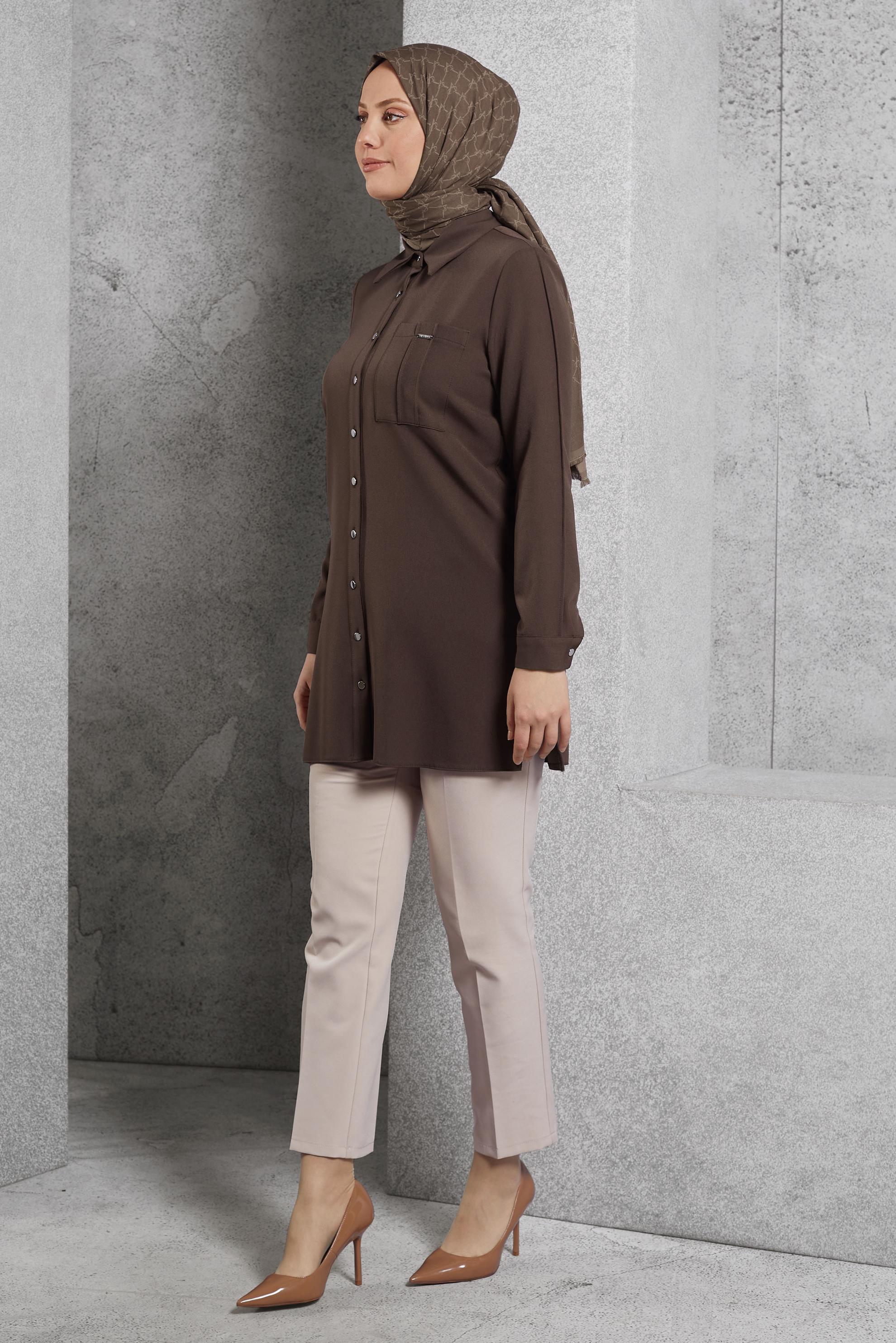 Tesettür giyim KAHVE GÖMLEK YAKA TUNİK 45295