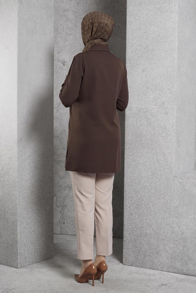 Tesettür giyim KAHVE GÖMLEK YAKA TUNİK 45295 - ALVİNA