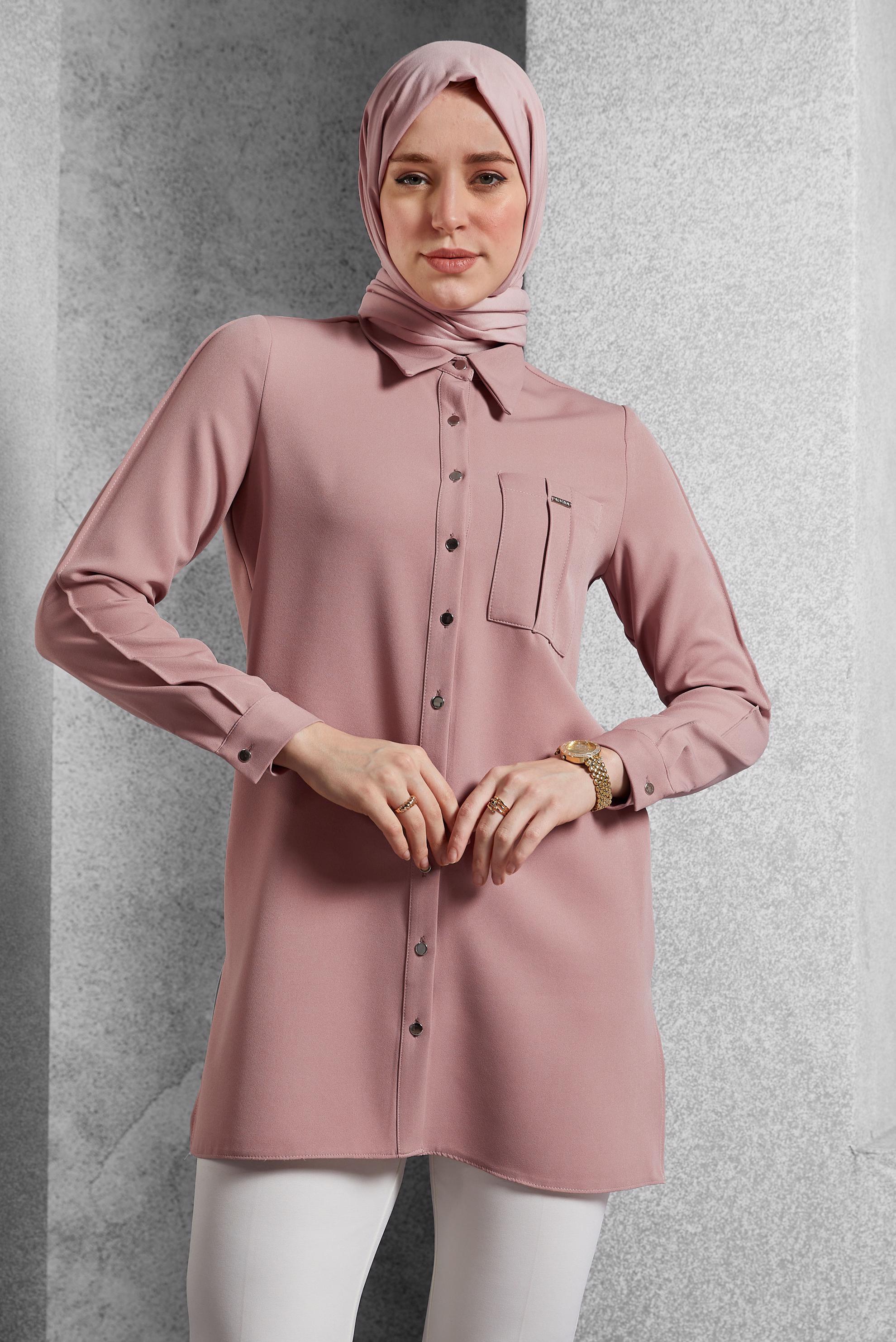 Tesettür giyim PUDRA GÖMLEK YAKA TUNİK 45295