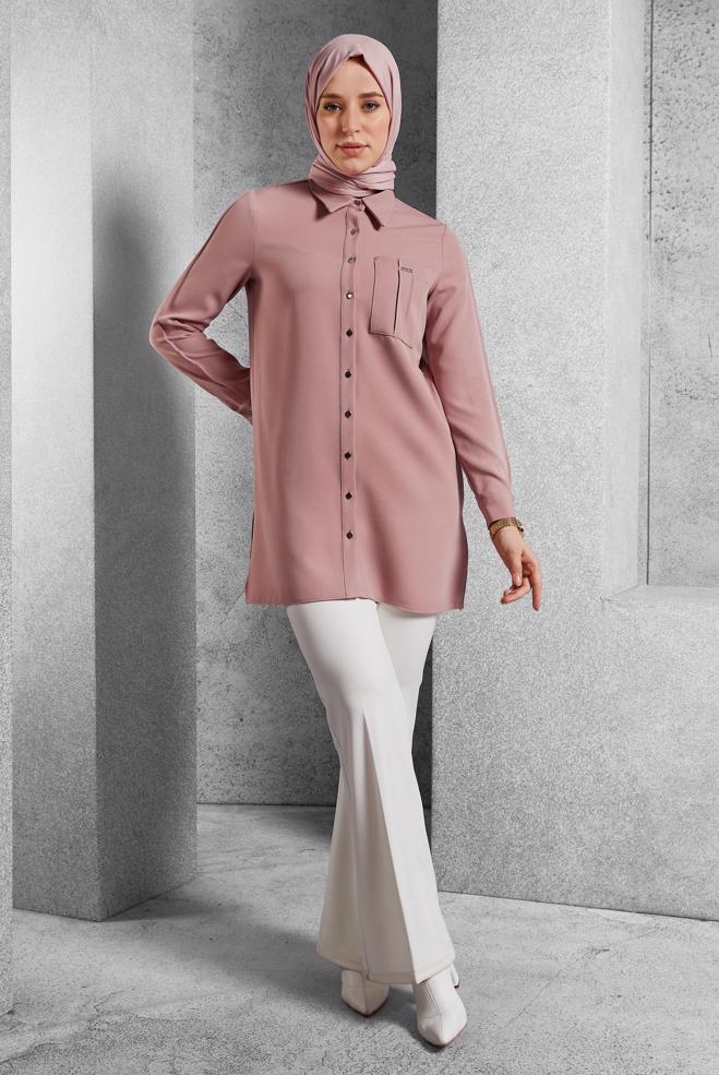 Tesettür giyim PUDRA GÖMLEK YAKA TUNİK 45295 - ALVİNA
