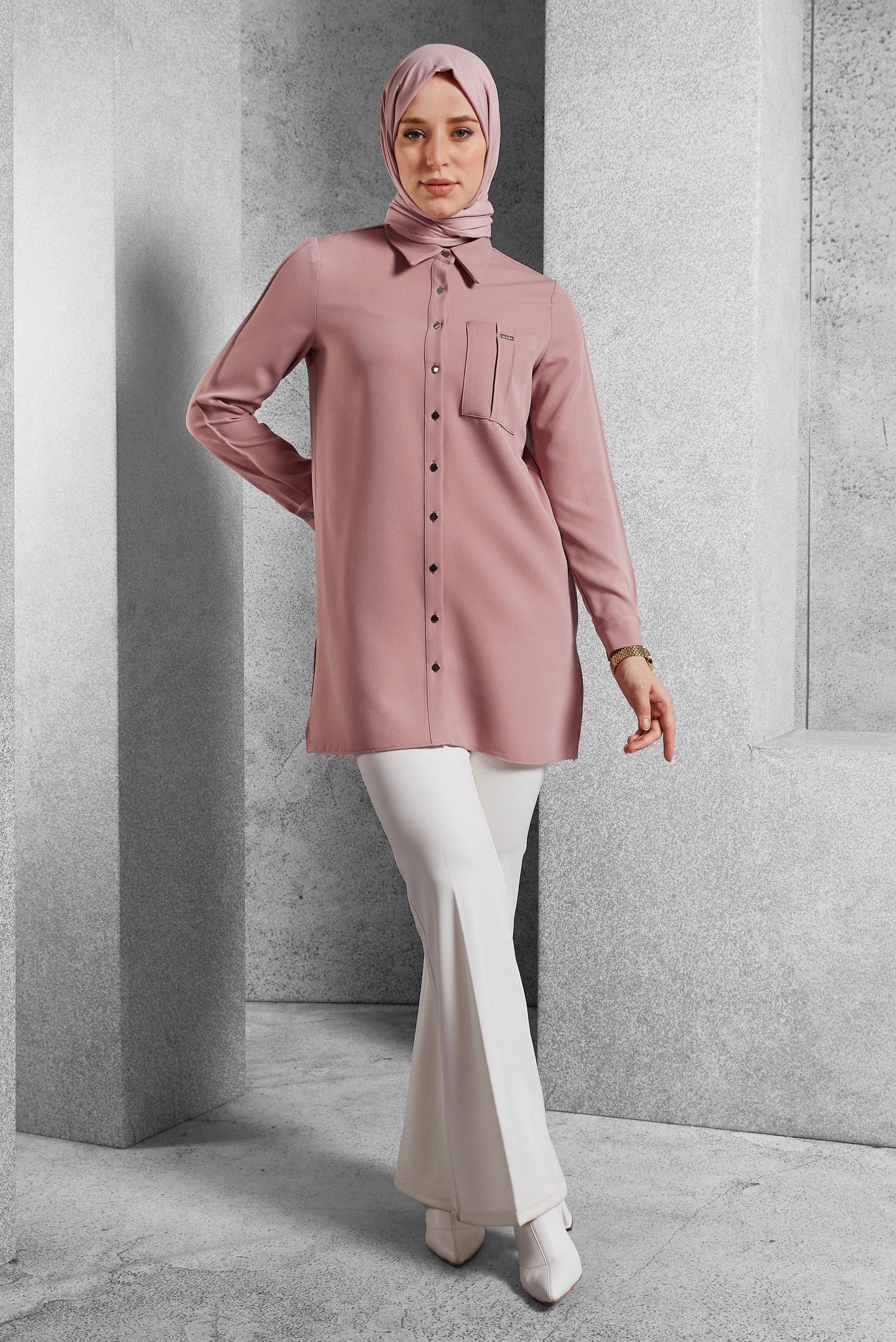 Tesettür giyim PUDRA GÖMLEK YAKA TUNİK 45295