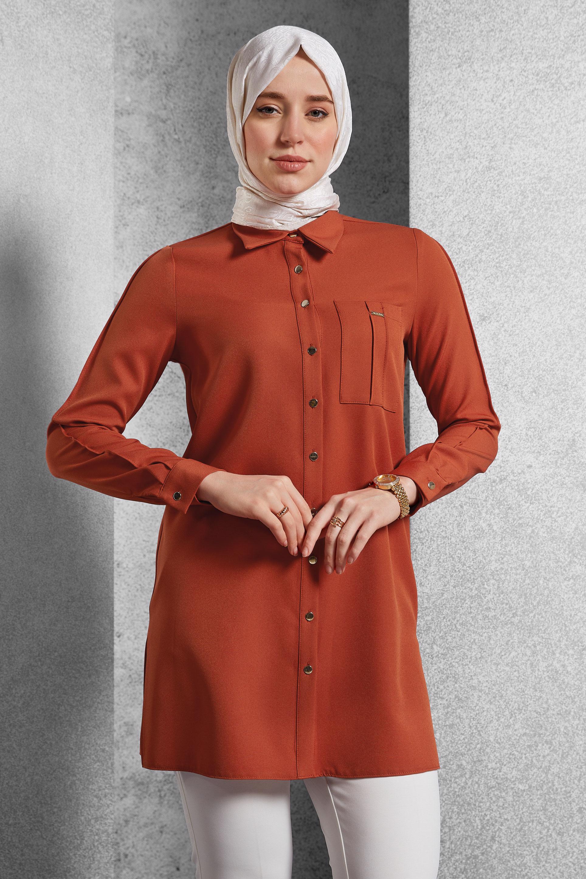 Vêtements hijab ORANGE TUNIQUE COL CHEMISE 45295