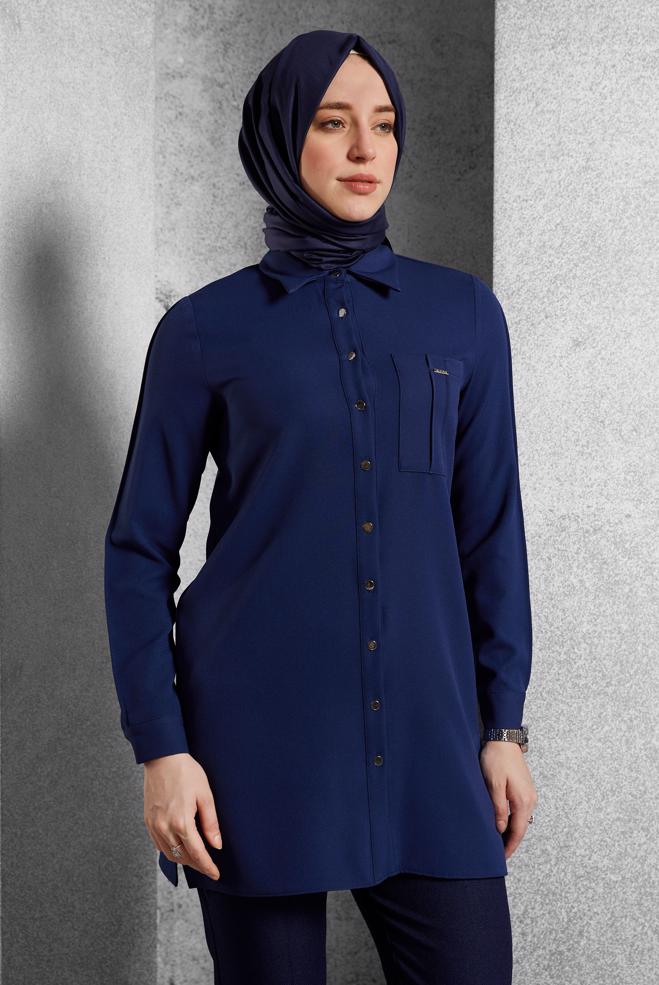 Tesettür giyim LACİVERT GÖMLEK YAKA TUNİK 45295 - ALVİNA