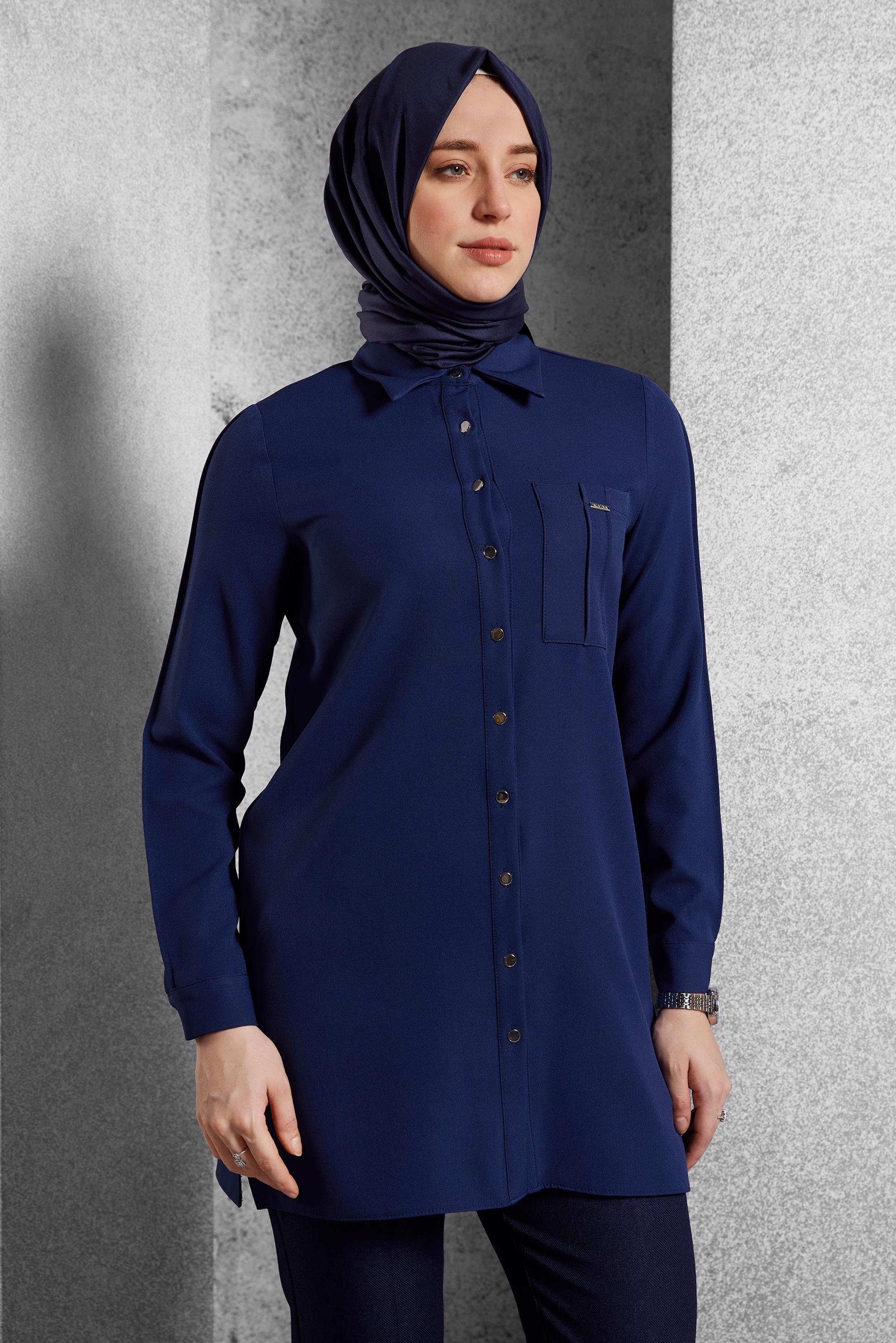Tesettür giyim LACİVERT GÖMLEK YAKA TUNİK 45295