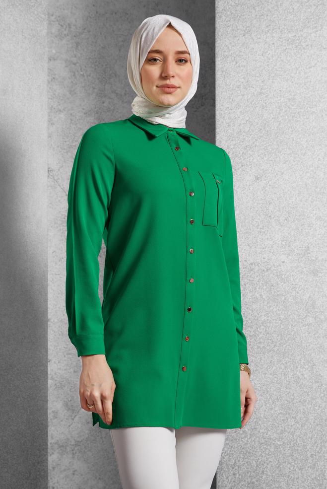Tesettür giyim YEŞİL GÖMLEK YAKA TUNİK 45295 - ALVİNA