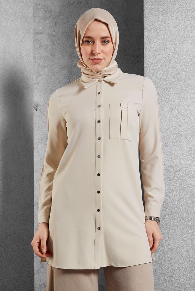 Tesettür giyim EKRU GÖMLEK YAKA TUNİK 45295 - ALVİNA